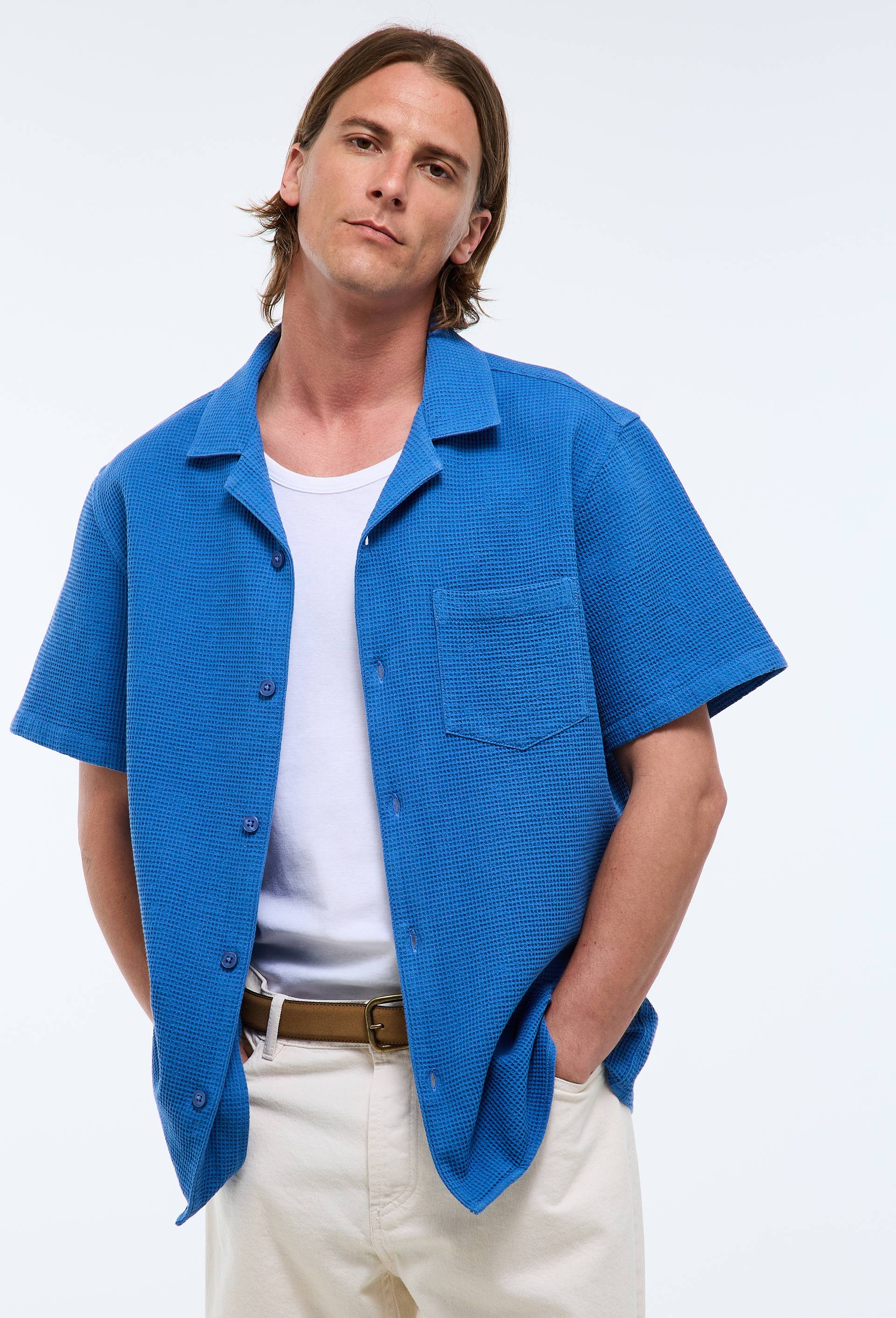 Chemise manches courtes gaufr&eacute;e en coton bio GOTS, Bleu, large image number 0