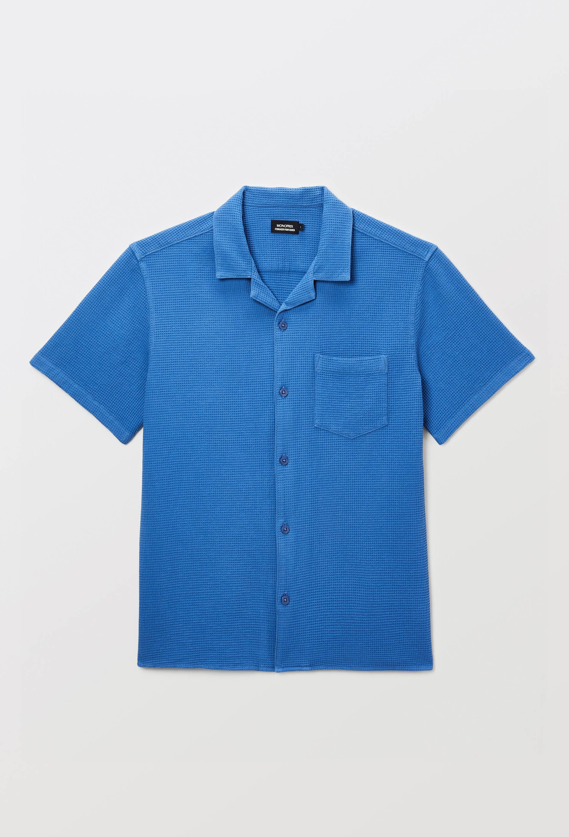 Chemise manches courtes gaufr&eacute;e en coton bio GOTS, Bleu, large image number 2