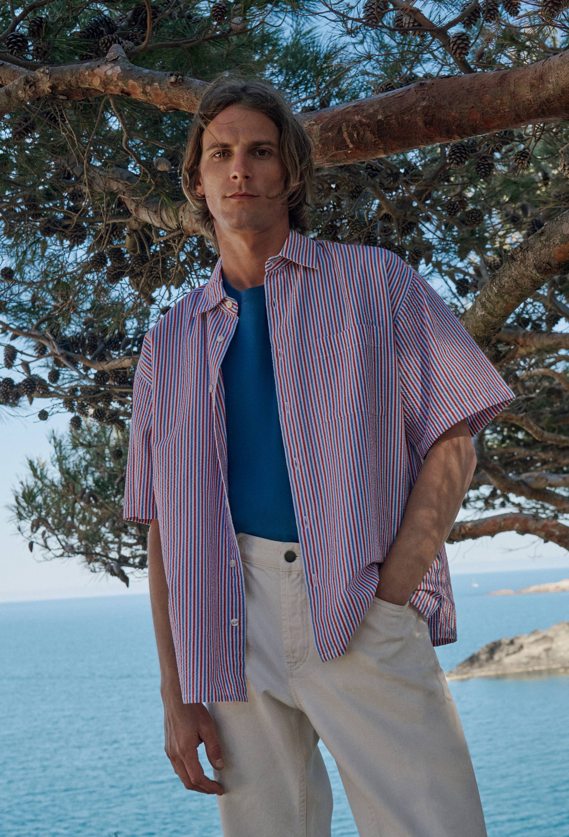 Chemise manches courtes seersucker ray&eacute;e en coton bio GOTS, Ecru, large image number 0