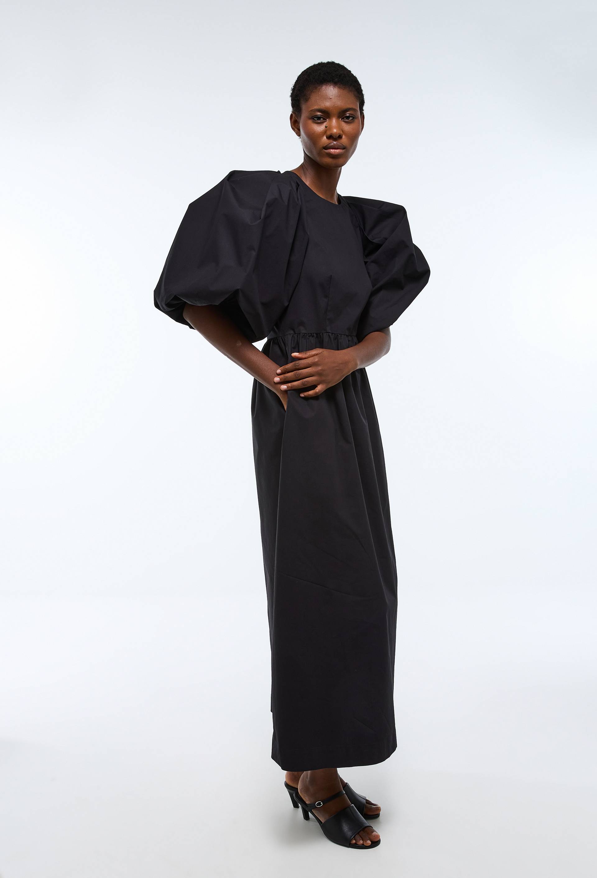 Robe longue manches bouffantes en coton BIO GOTS, Noir, large image number 0.0