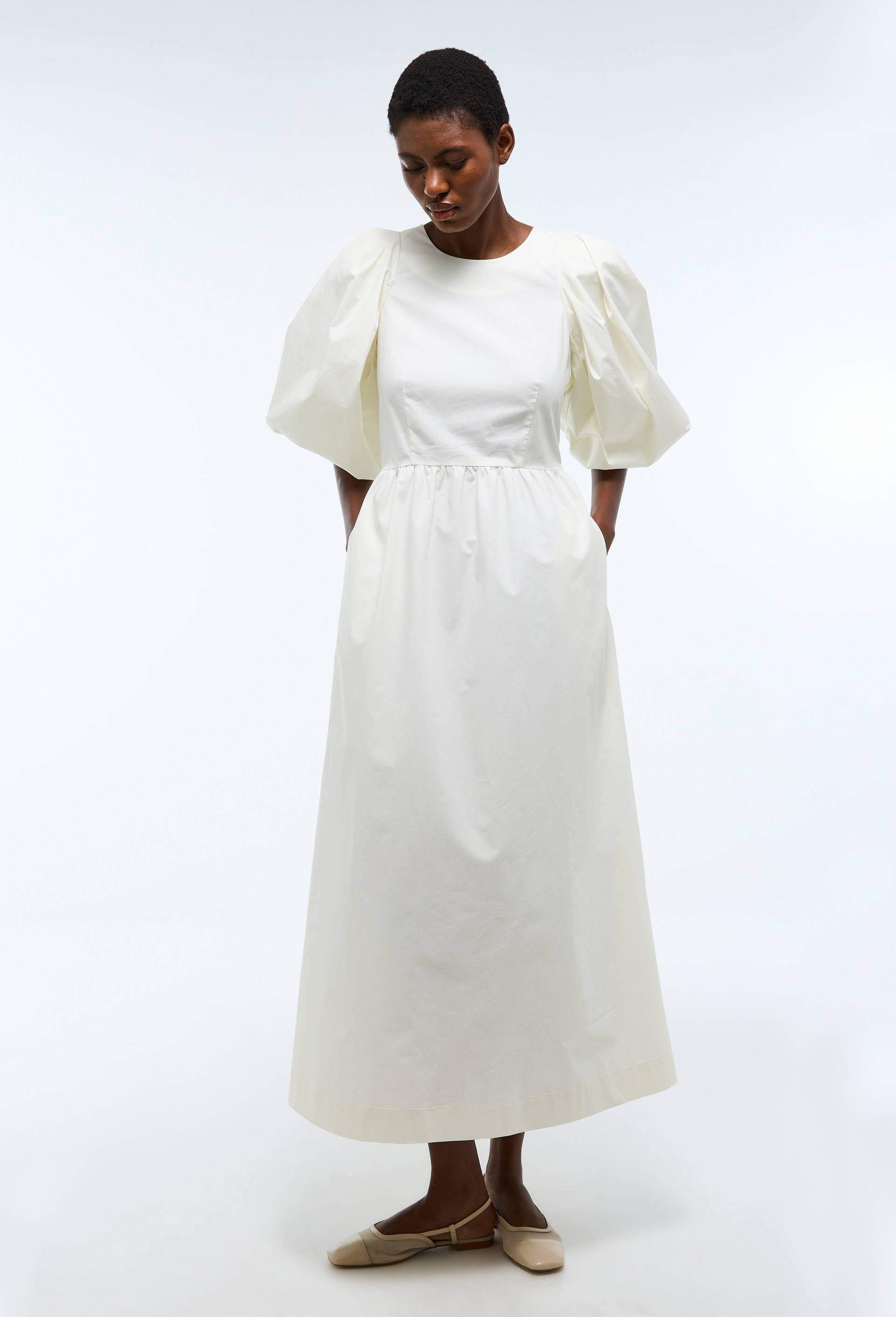 Robe longue manches bouffantes en coton BIO GOTS, Ecru, swatch image