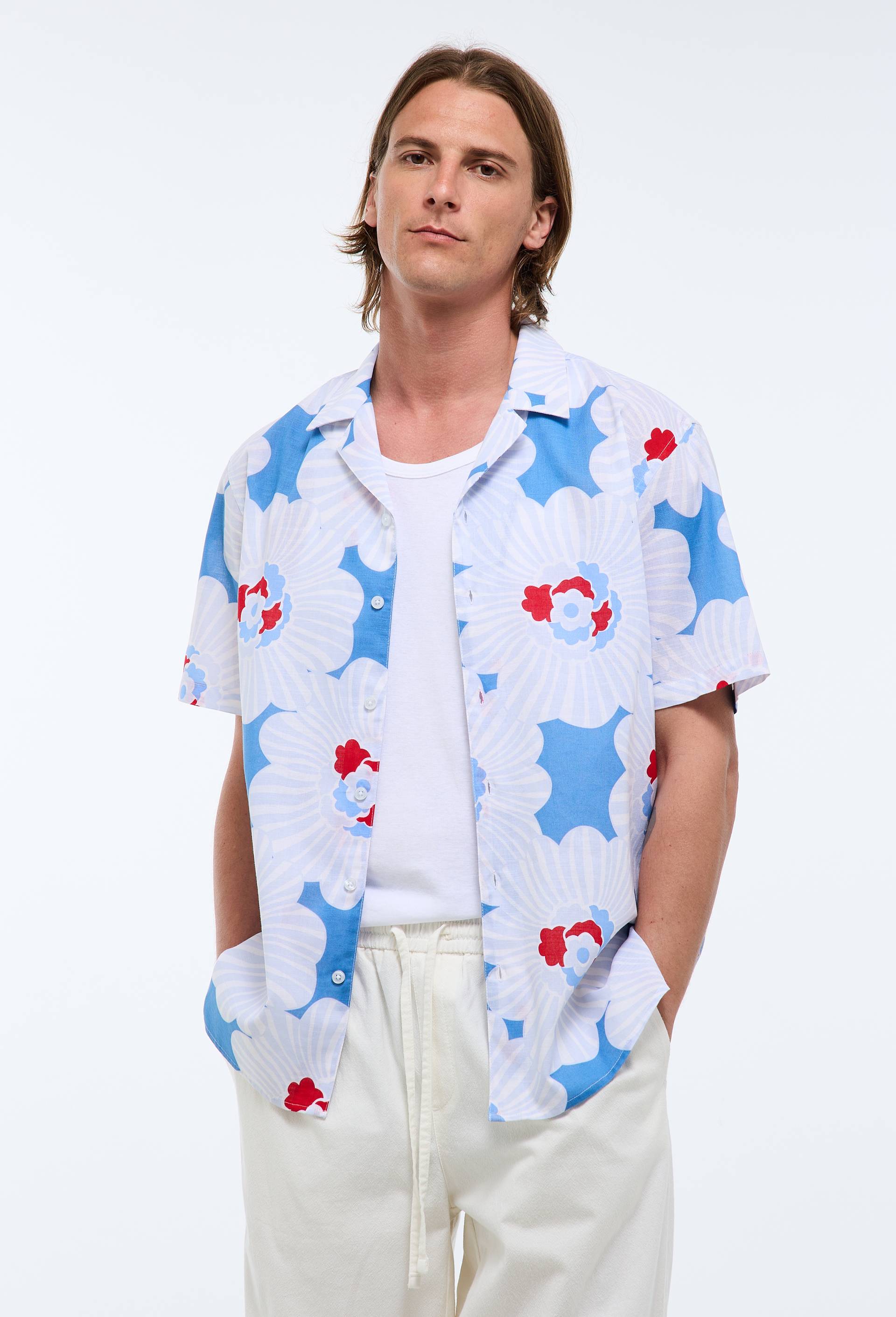 Chemise manches courtes col cuba imprim&eacute;e en coton bio GOTS, Bleu, large image number 0