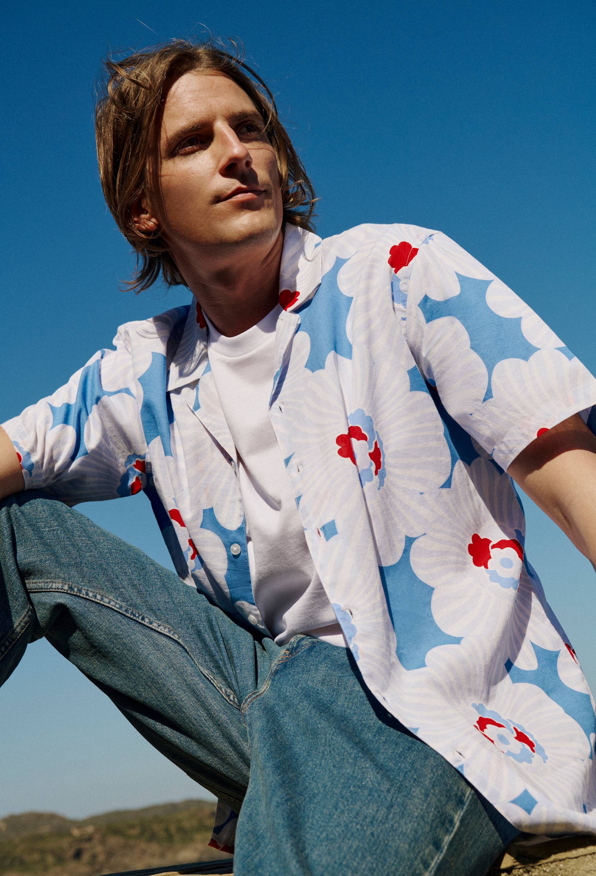 Chemise manches courtes col cuba imprim&eacute;e en coton bio GOTS, Bleu, large image number 0