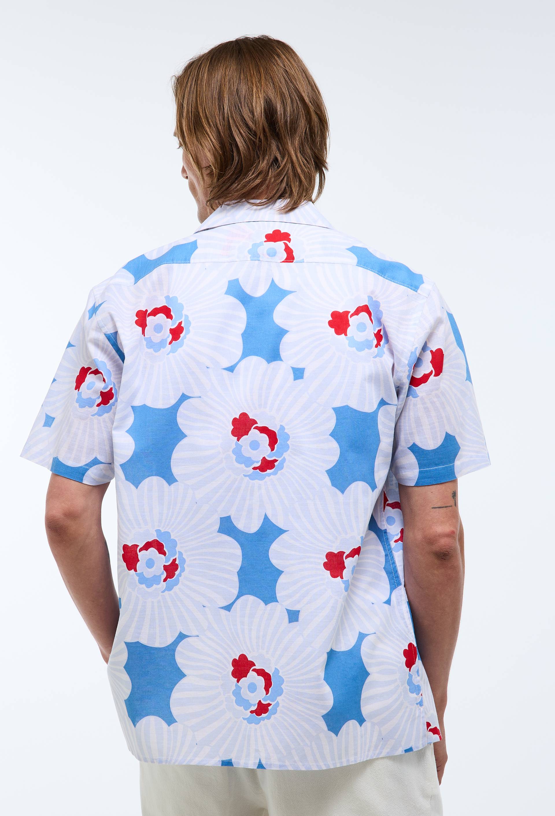 Chemise manches courtes col cuba imprim&eacute;e en coton bio GOTS, Bleu, large image number 1.0