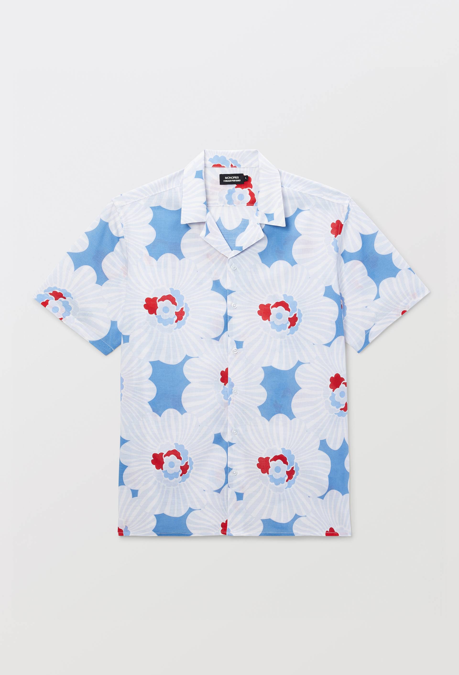 Chemise manches courtes col cuba imprim&eacute;e en coton bio GOTS, Bleu, large image number 2.0
