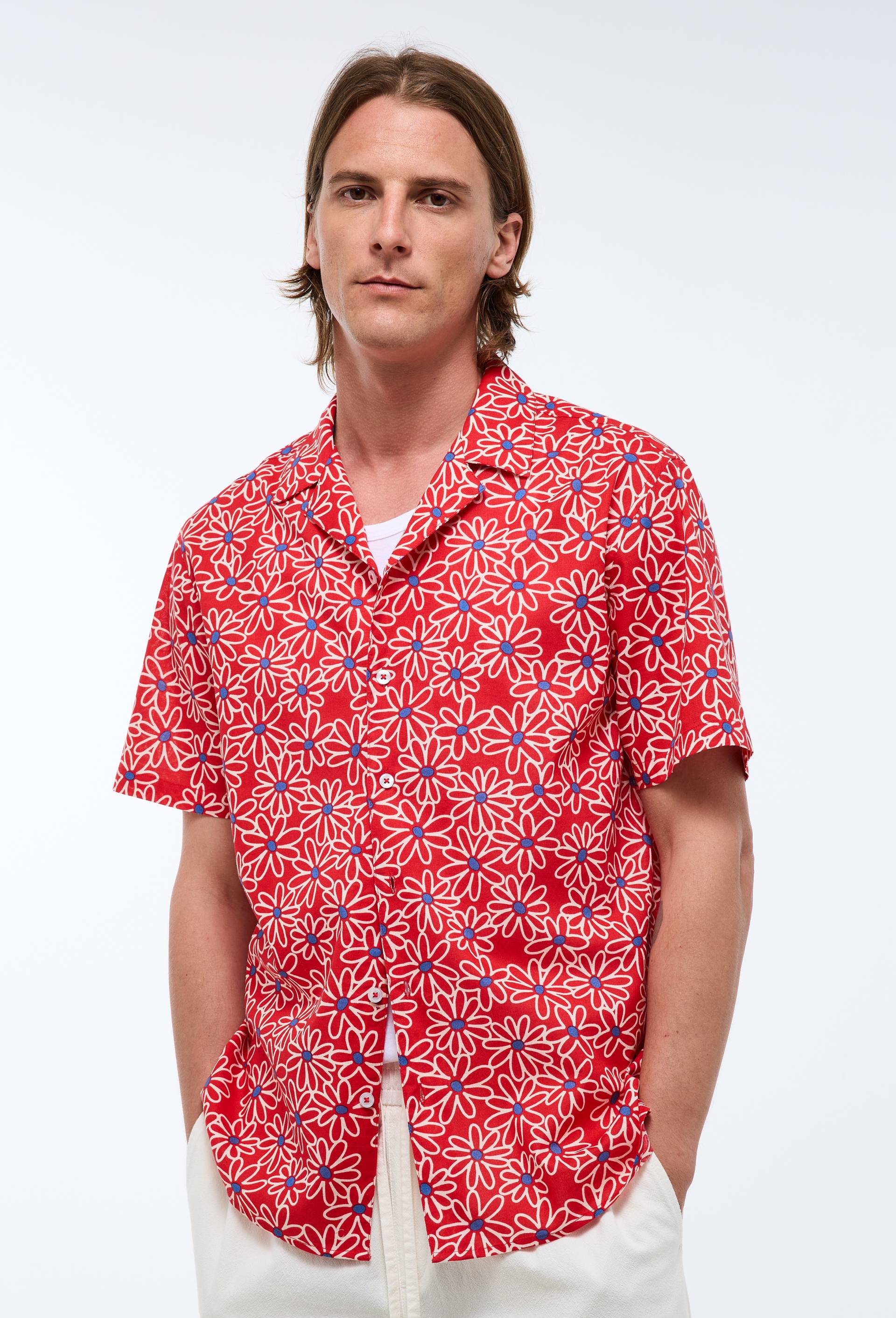 Chemise manches courtes col cuba imprim&eacute;e en coton bio GOTS, Rouge, large image number 0.0
