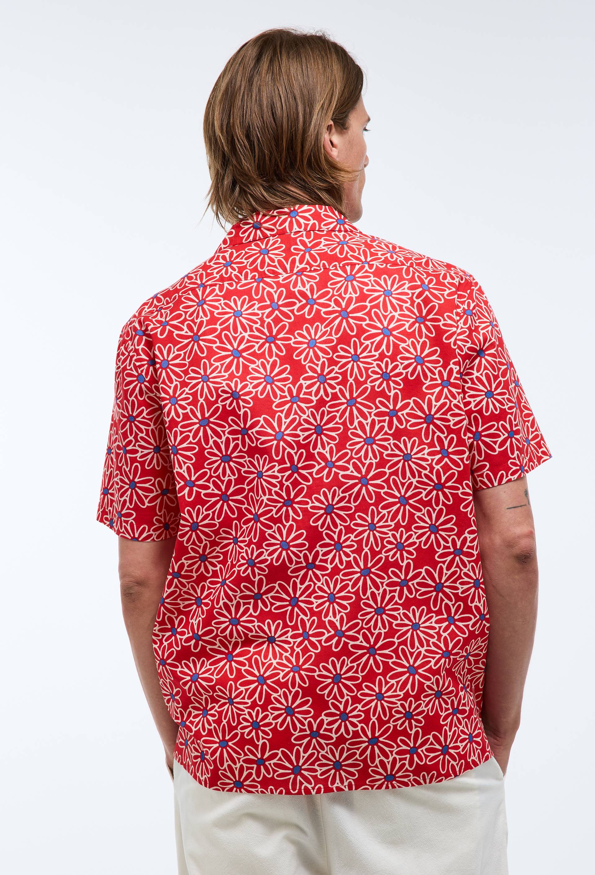 Chemise manches courtes col cuba imprim&eacute;e en coton bio GOTS, Rouge, large image number 1.0