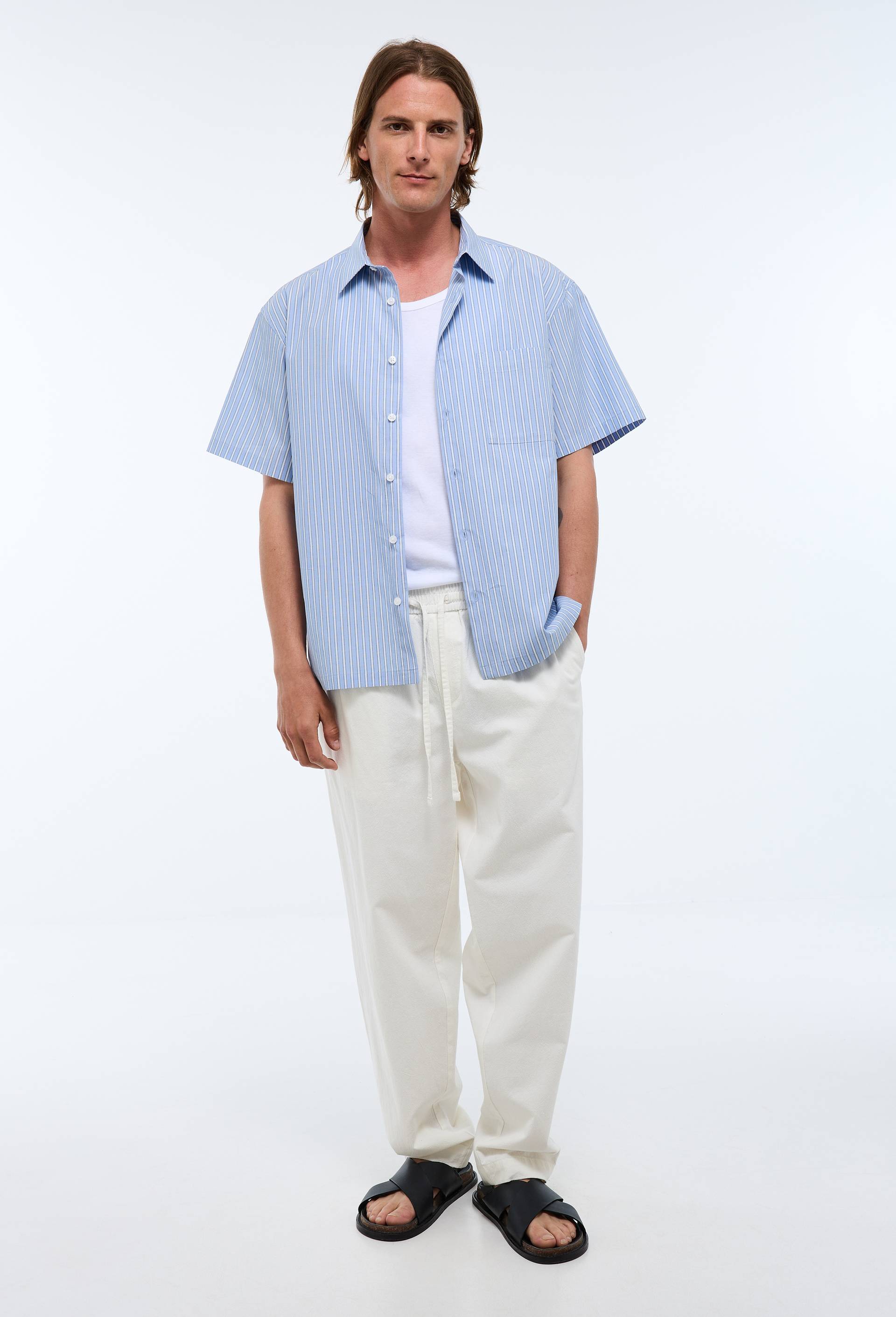 Chemise manches courtes ray&eacute;e en coton bio GOTS, Bleu, large image number 0