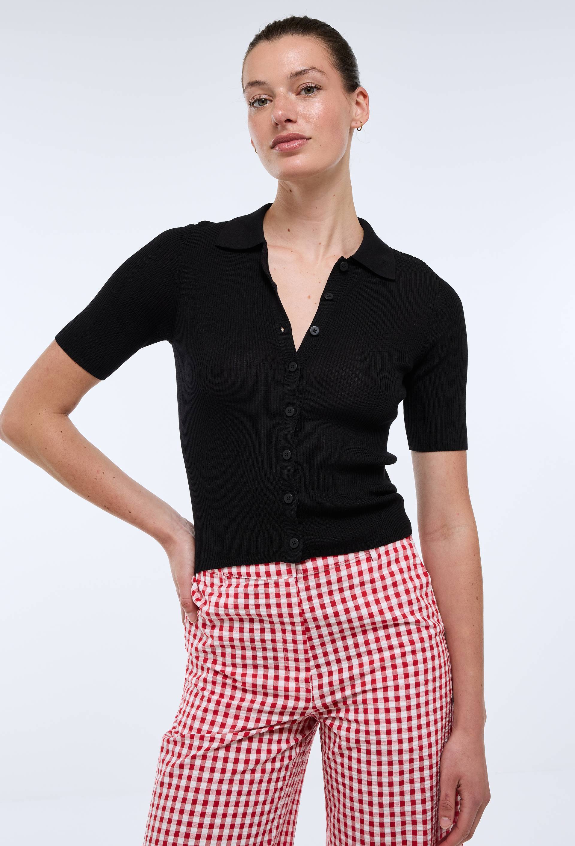 Cardigan manches courtes col polo &agrave; c&ocirc;tes, Noir, swatch image