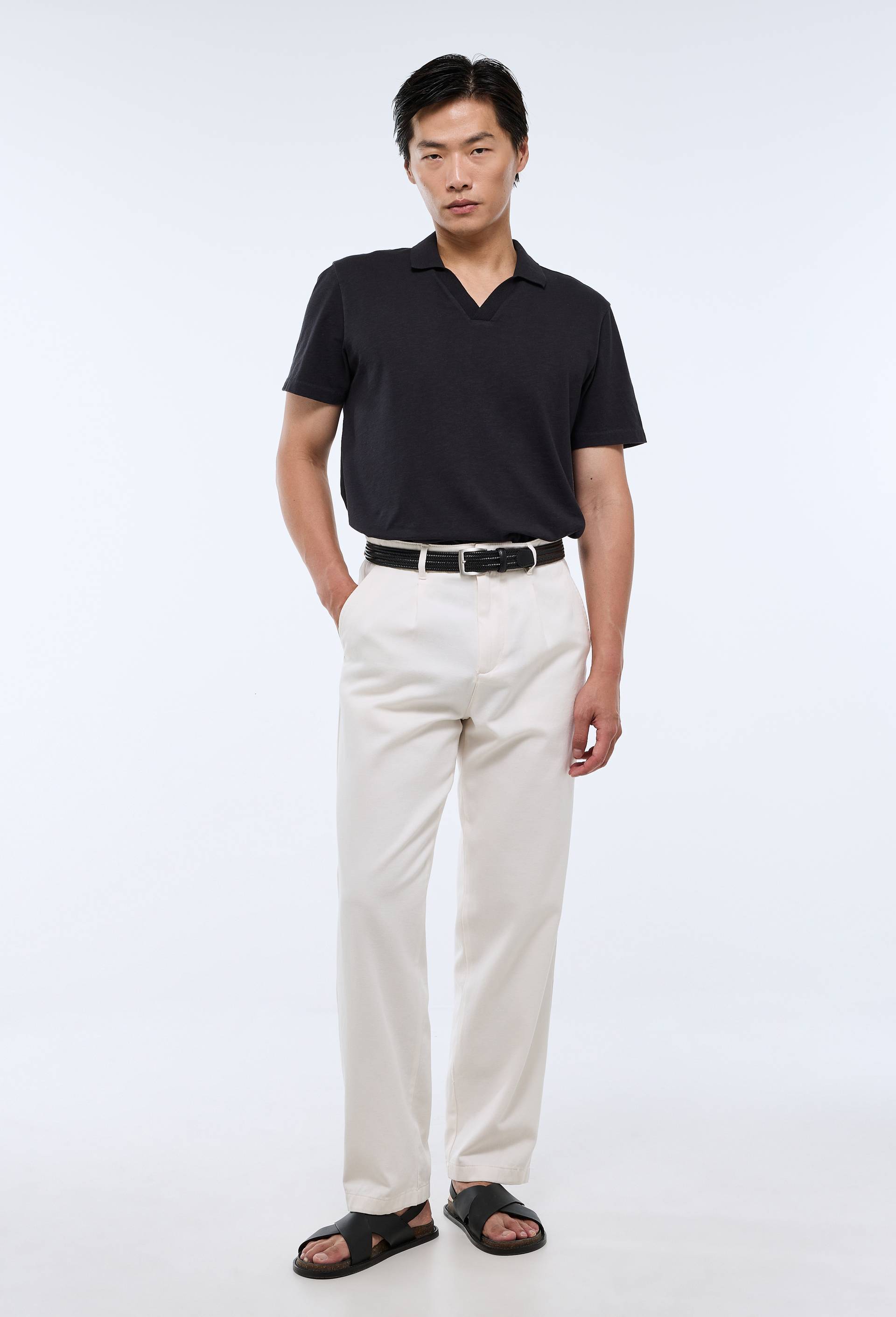 Pantalon &eacute;lastiqu&eacute; en coton et lin, Beige clair, swatch image