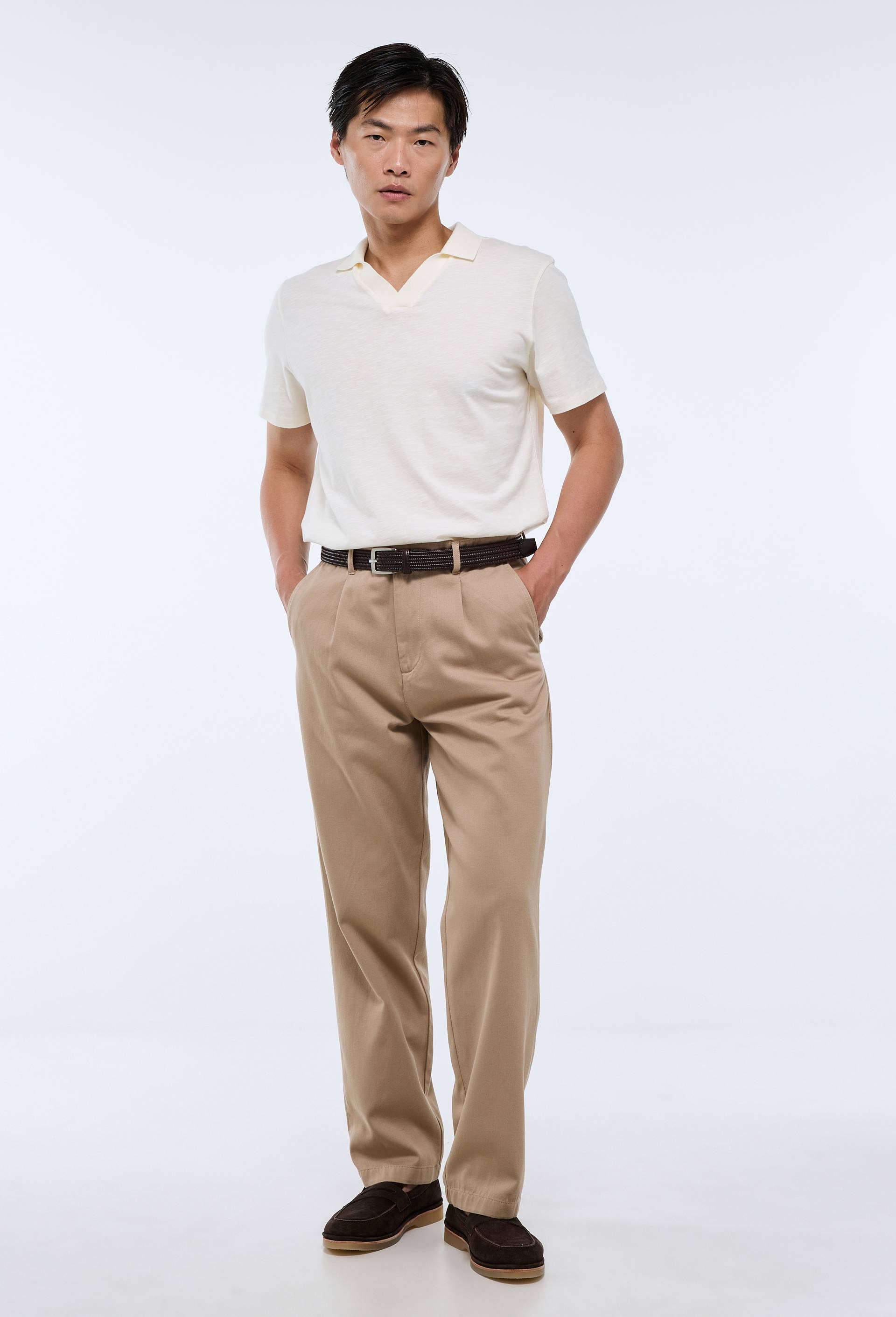 Pantalon &eacute;lastiqu&eacute; en coton et lin, Beige, large image number 0.0
