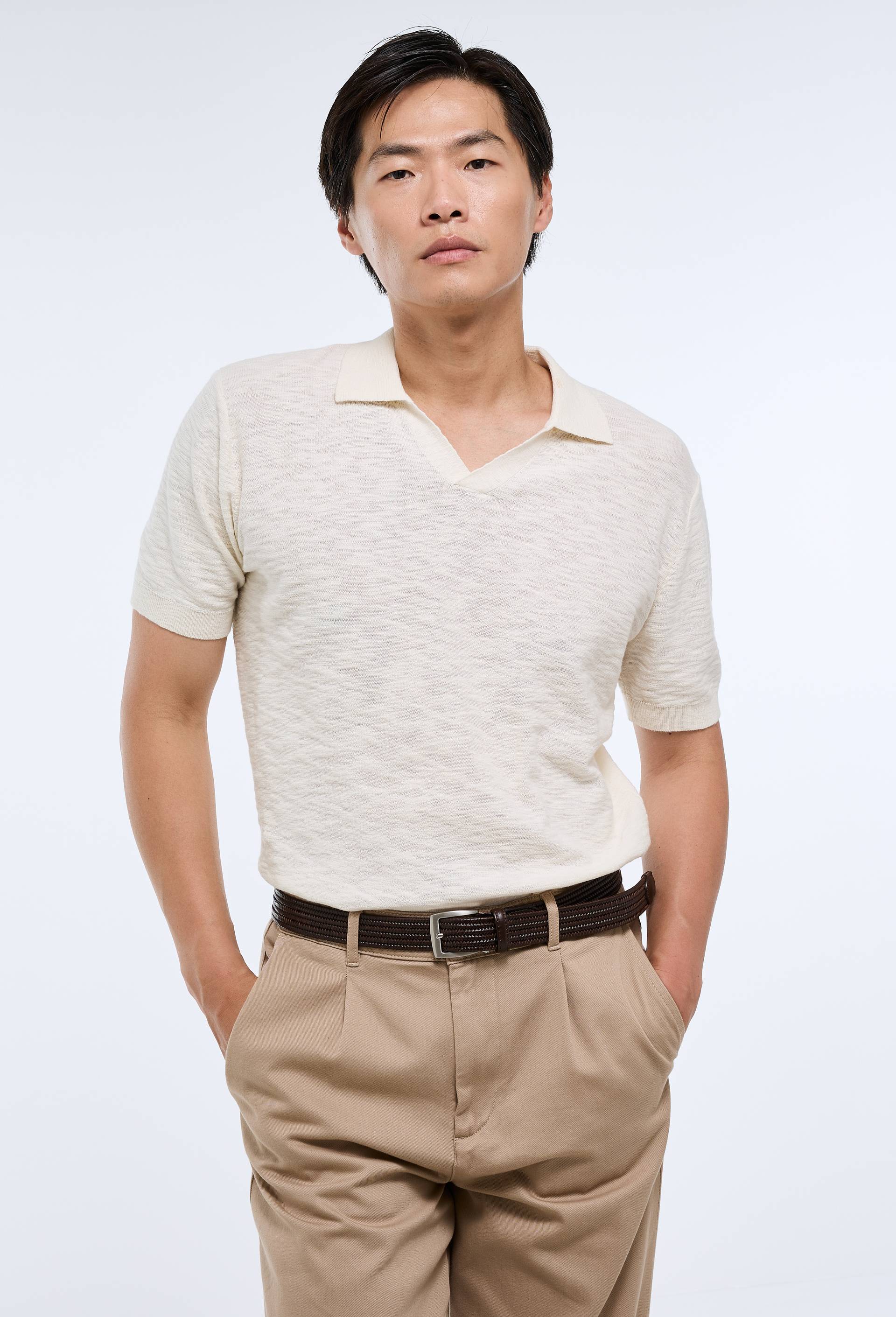 T-shirt polo en coton, Ecru, large image number 0.0