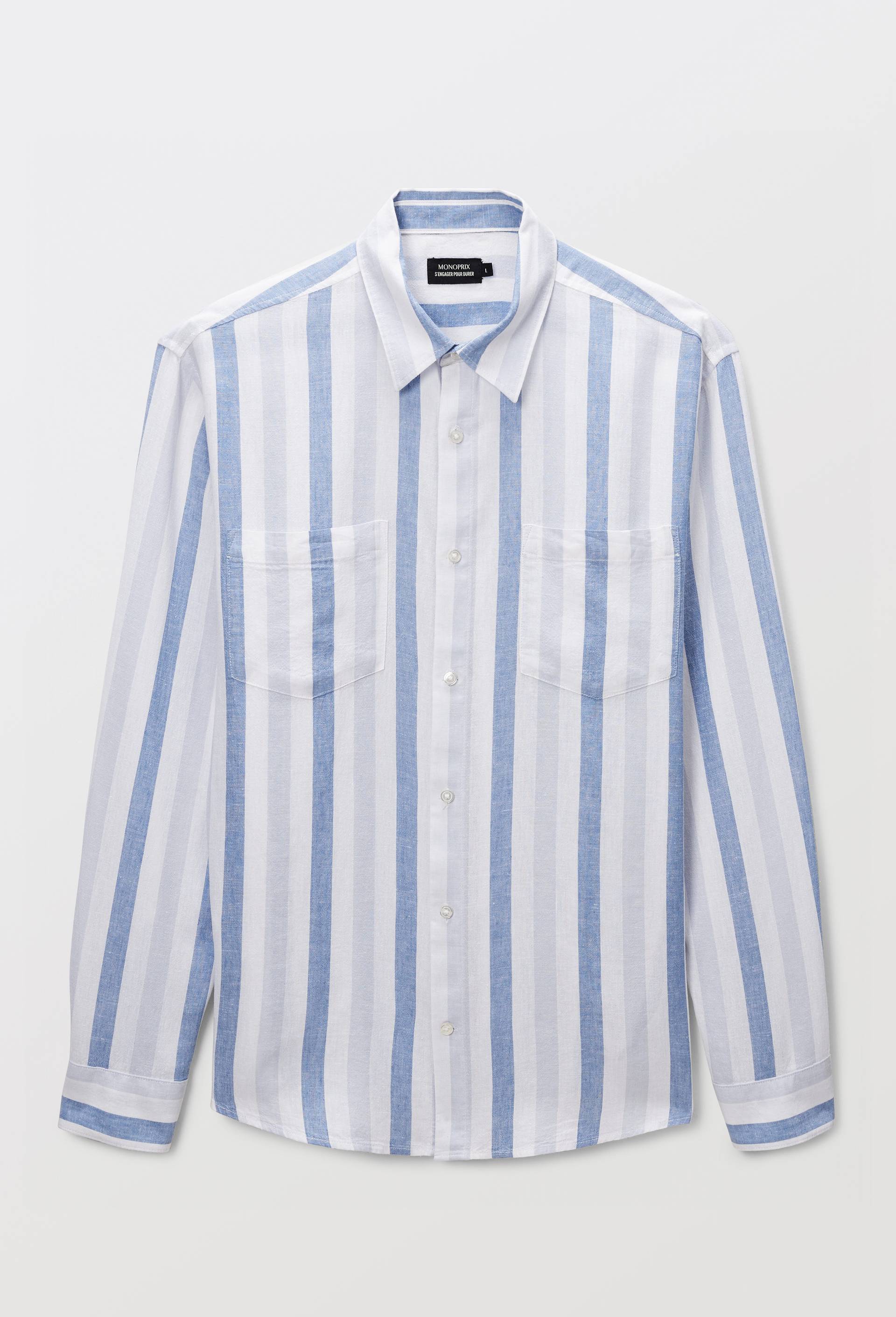 Chemise manches longues ray&eacute;e en m&eacute;lange lin, Bleu, large image number 2.0