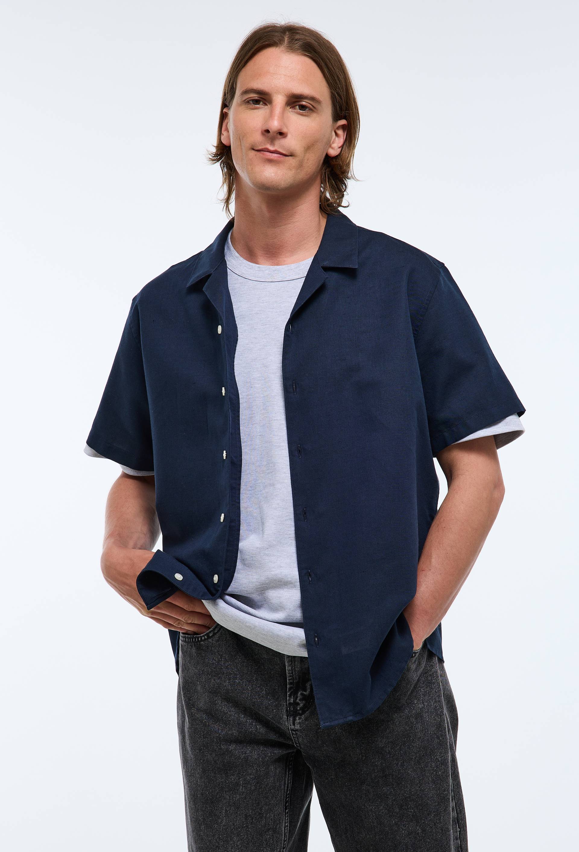 Chemise manches courtes en lin / coton, Bleu fonc&eacute;, large image number 0