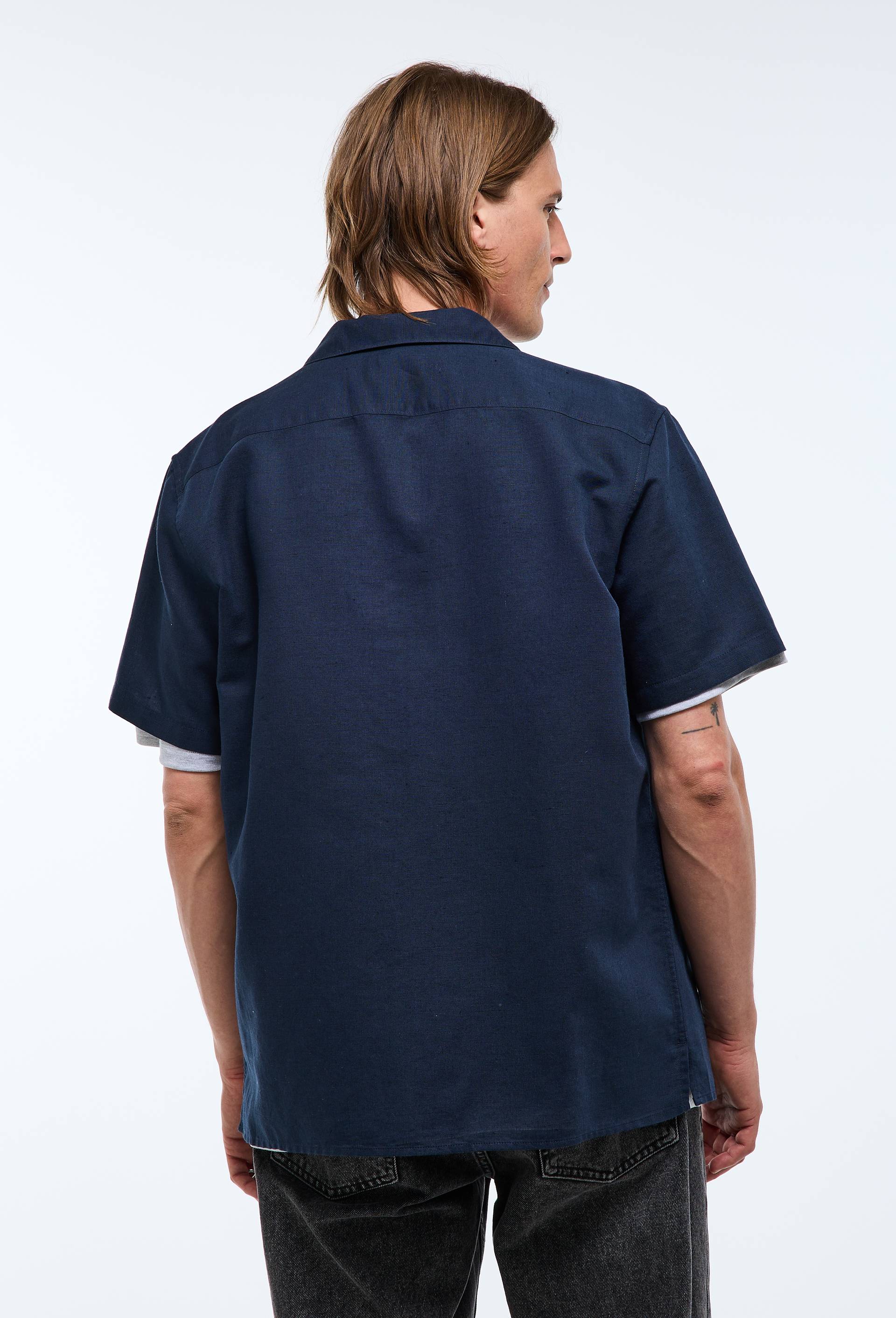 Chemise manches courtes en lin / coton, Bleu fonc&eacute;, large image number 1