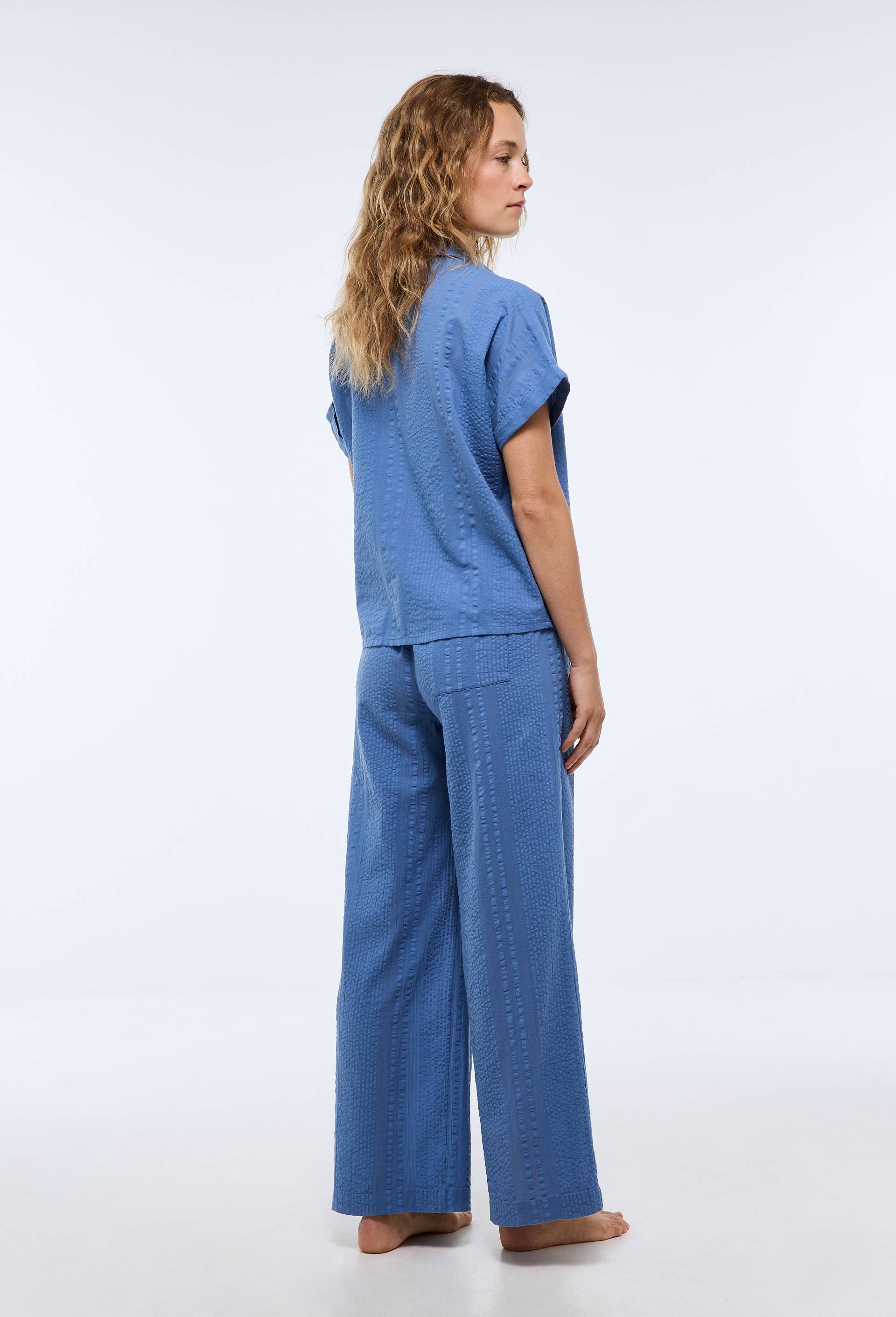 Pyjama long uni en coton avec broderie sardine, Bleu, large image number 1.0