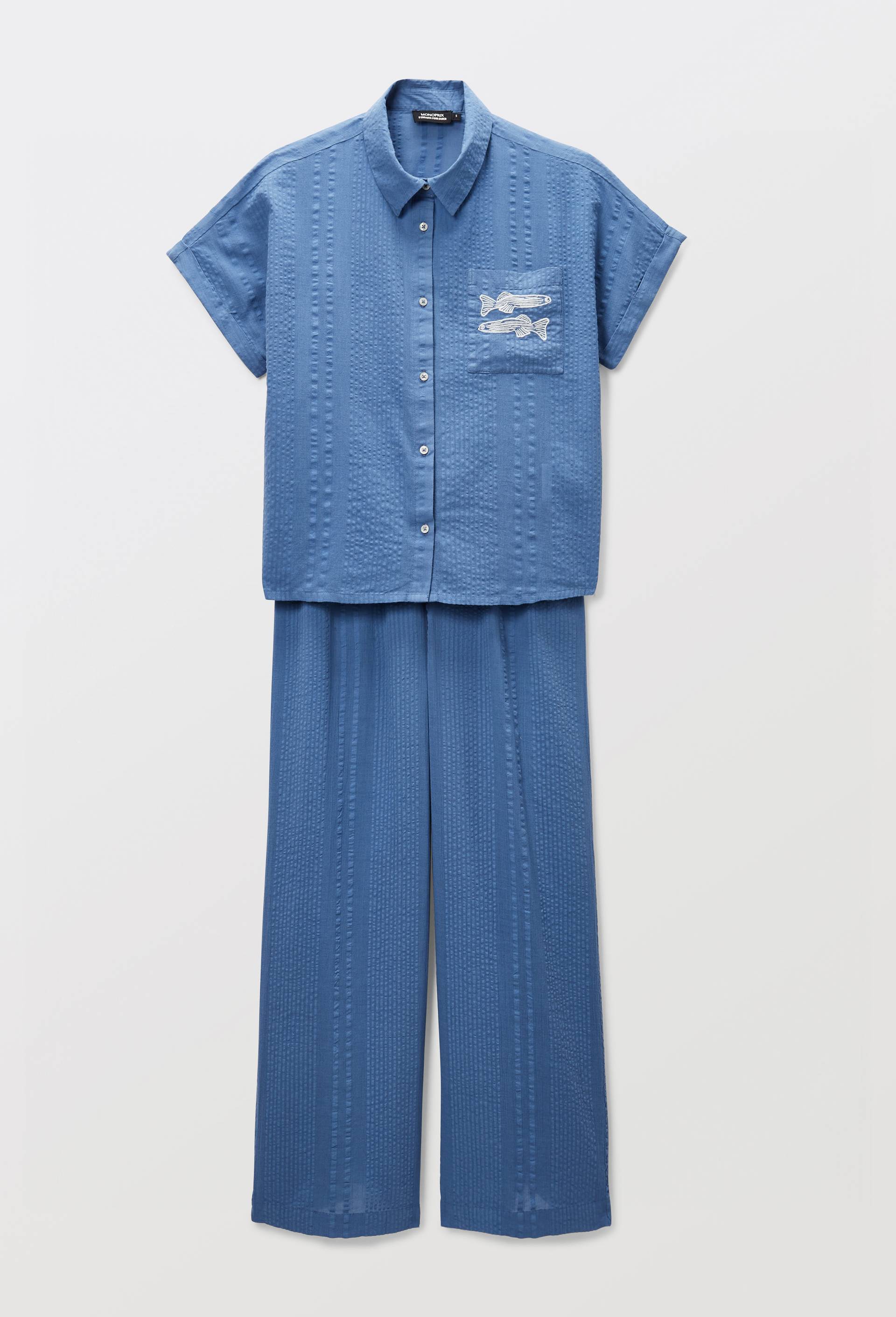 Pyjama long uni en coton avec broderie sardine, Bleu, large image number 2.0