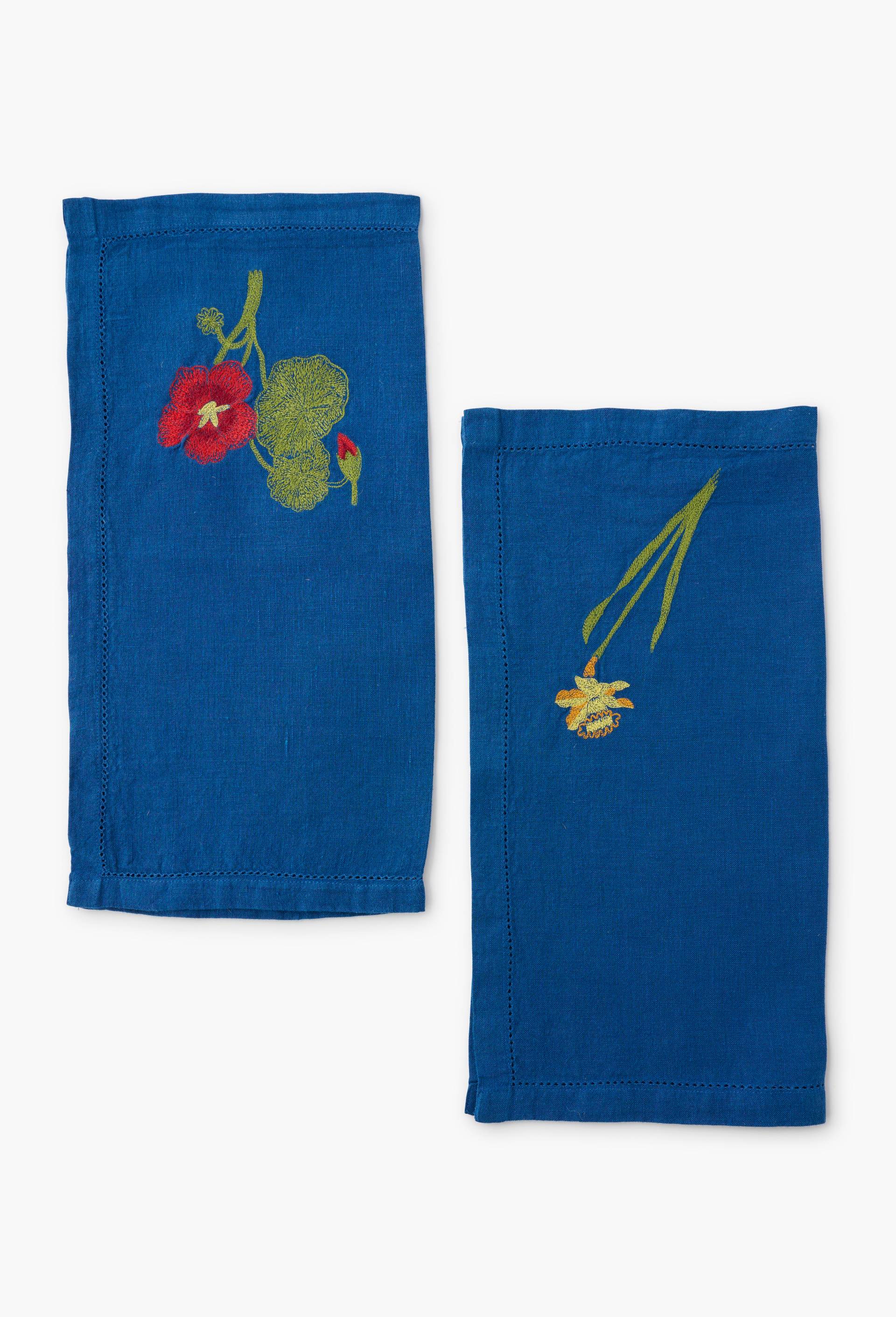 Lot de 2 serviettes bleues brod&eacute;es jonquille et capucine en lin - SARAH ESPEUTE x MONOPRIX, Bleu fonc&eacute;, large image number 0.0