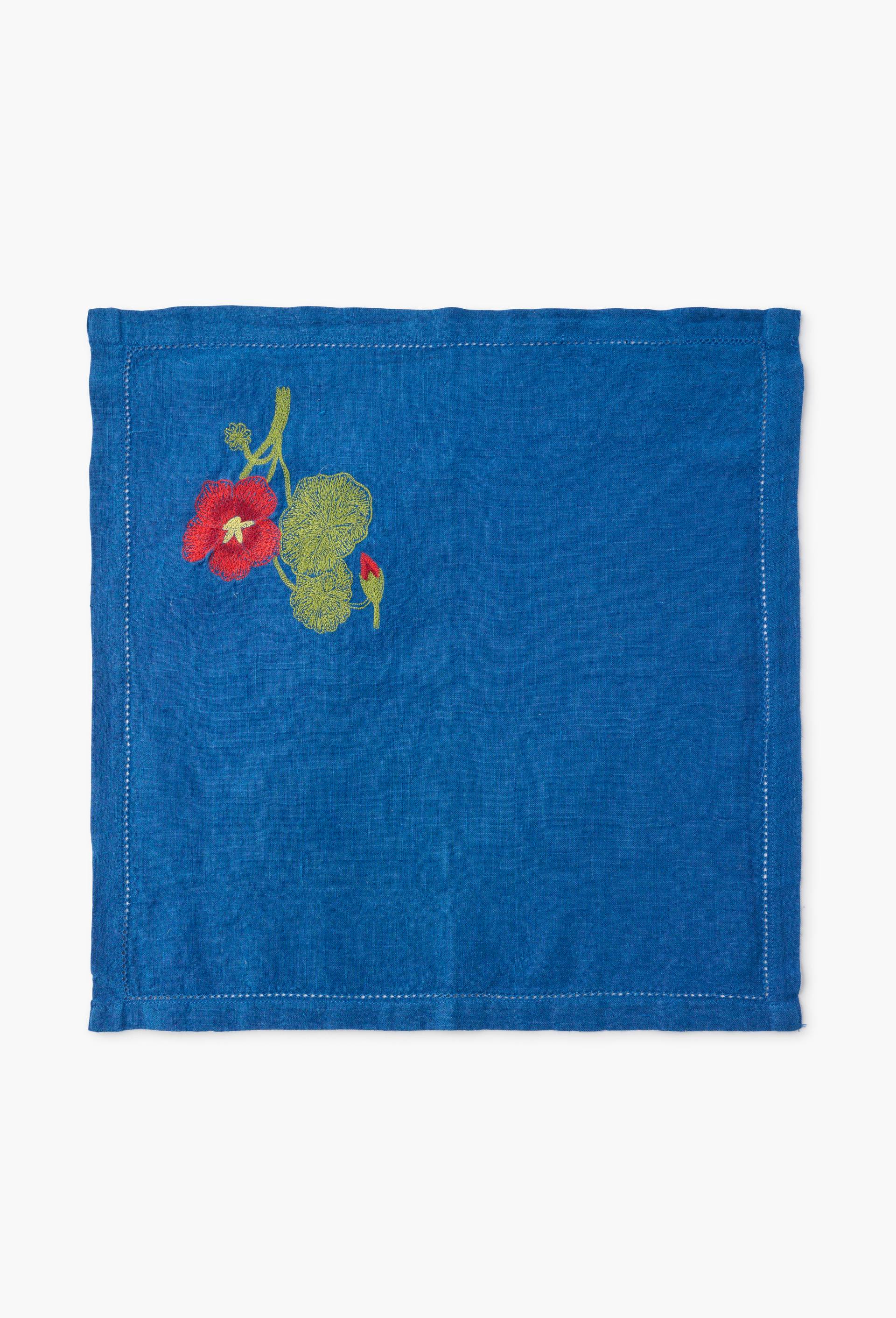 Lot de 2 serviettes bleues brod&eacute;es jonquille et capucine en lin - SARAH ESPEUTE x MONOPRIX, Bleu fonc&eacute;, large image number 1