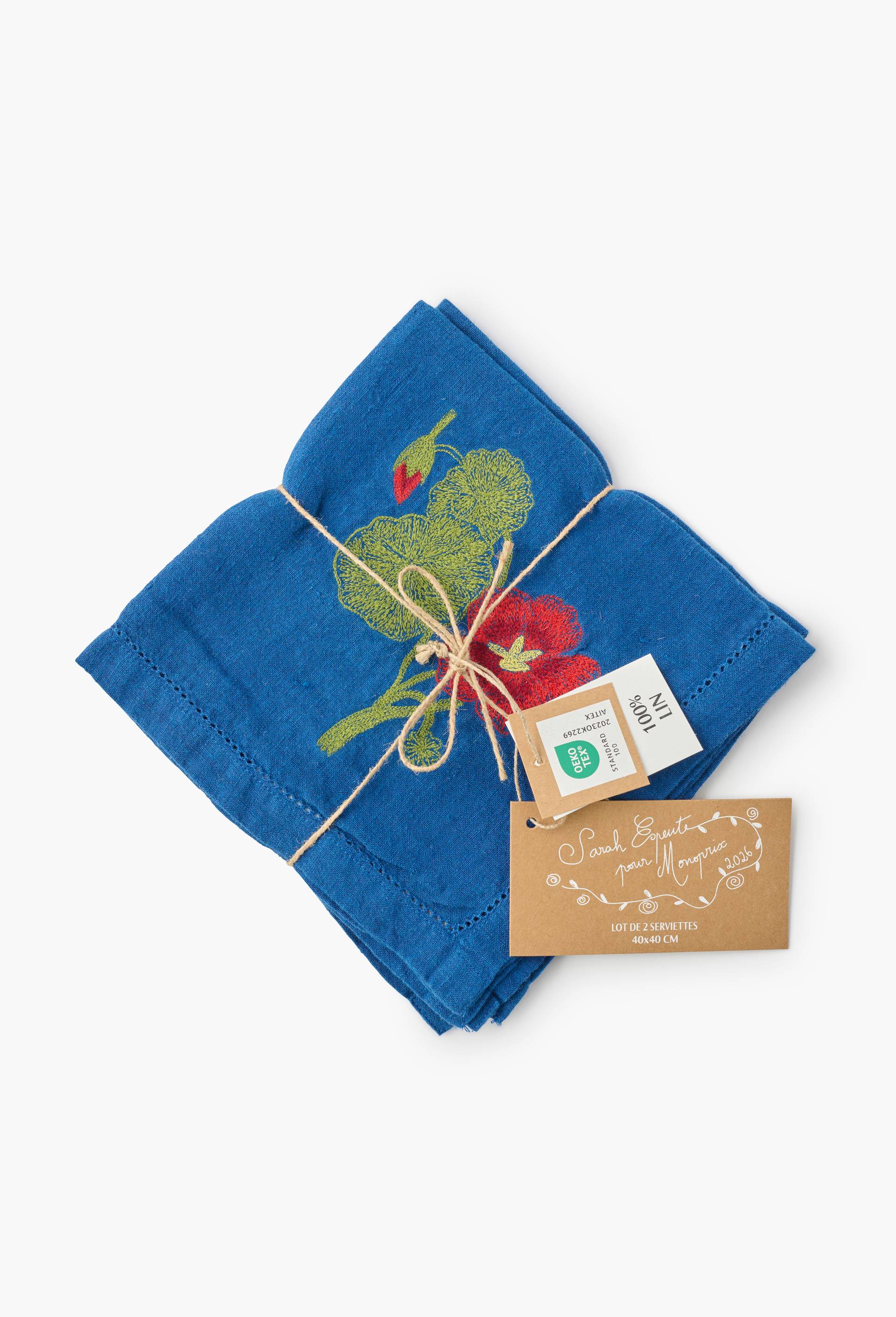 Lot de 2 serviettes bleues brod&eacute;es jonquille et capucine en lin - SARAH ESPEUTE x MONOPRIX, Bleu fonc&eacute;, large image number 3.0