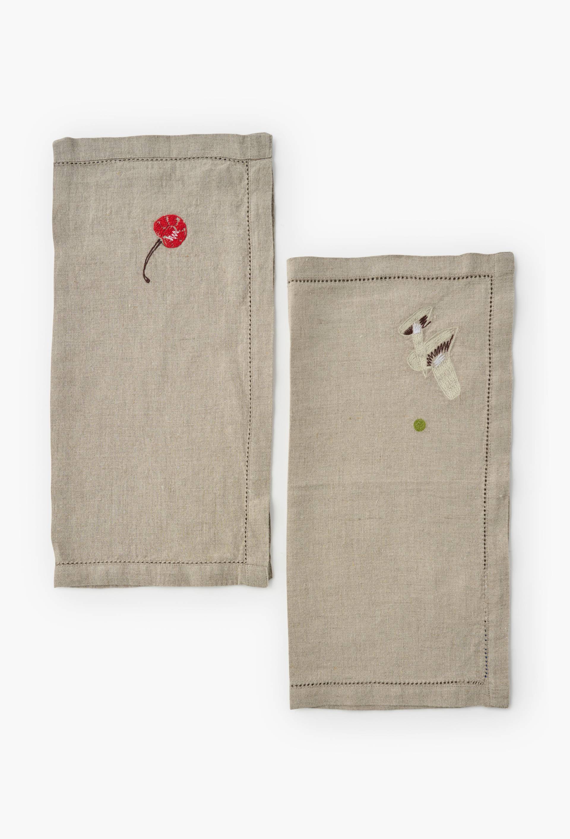 Lot de 2 serviettes &eacute;crues brod&eacute;es cerise et champignon en lin - SARAH ESPEUTE x MONOPRIX, Beige clair, large image number 0.0