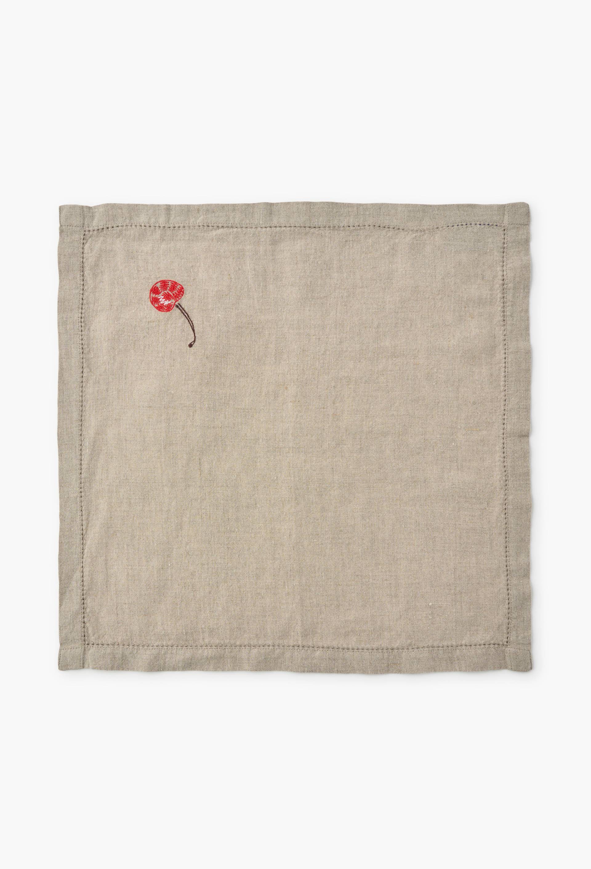 Lot de 2 serviettes &eacute;crues brod&eacute;es cerise et champignon en lin - SARAH ESPEUTE x MONOPRIX, Beige clair, large image number 2