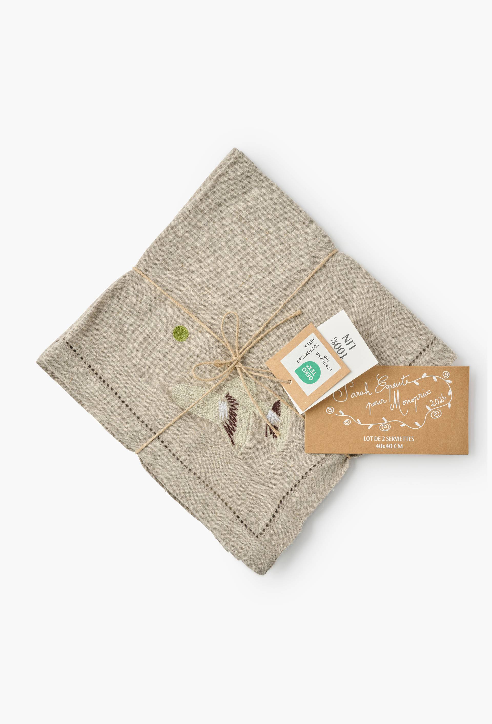 Lot de 2 serviettes &eacute;crues brod&eacute;es cerise et champignon en lin - SARAH ESPEUTE x MONOPRIX, Beige clair, large image number 3