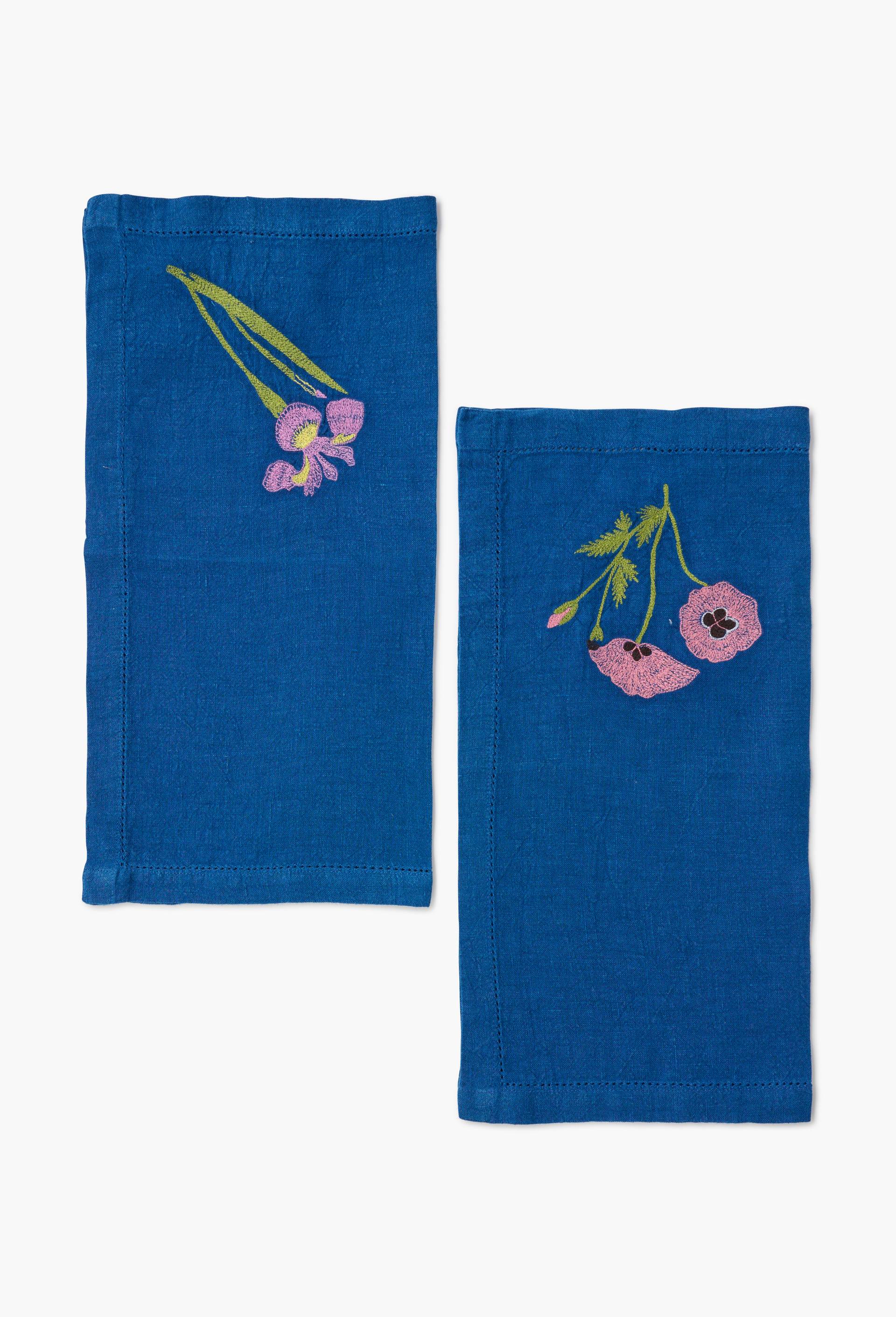 Lot de 2 serviettes bleues brod&eacute;es iris et pavot en lin - SARAH ESPEUTE x MONOPRIX, Bleu fonc&eacute;, large image number 0.0