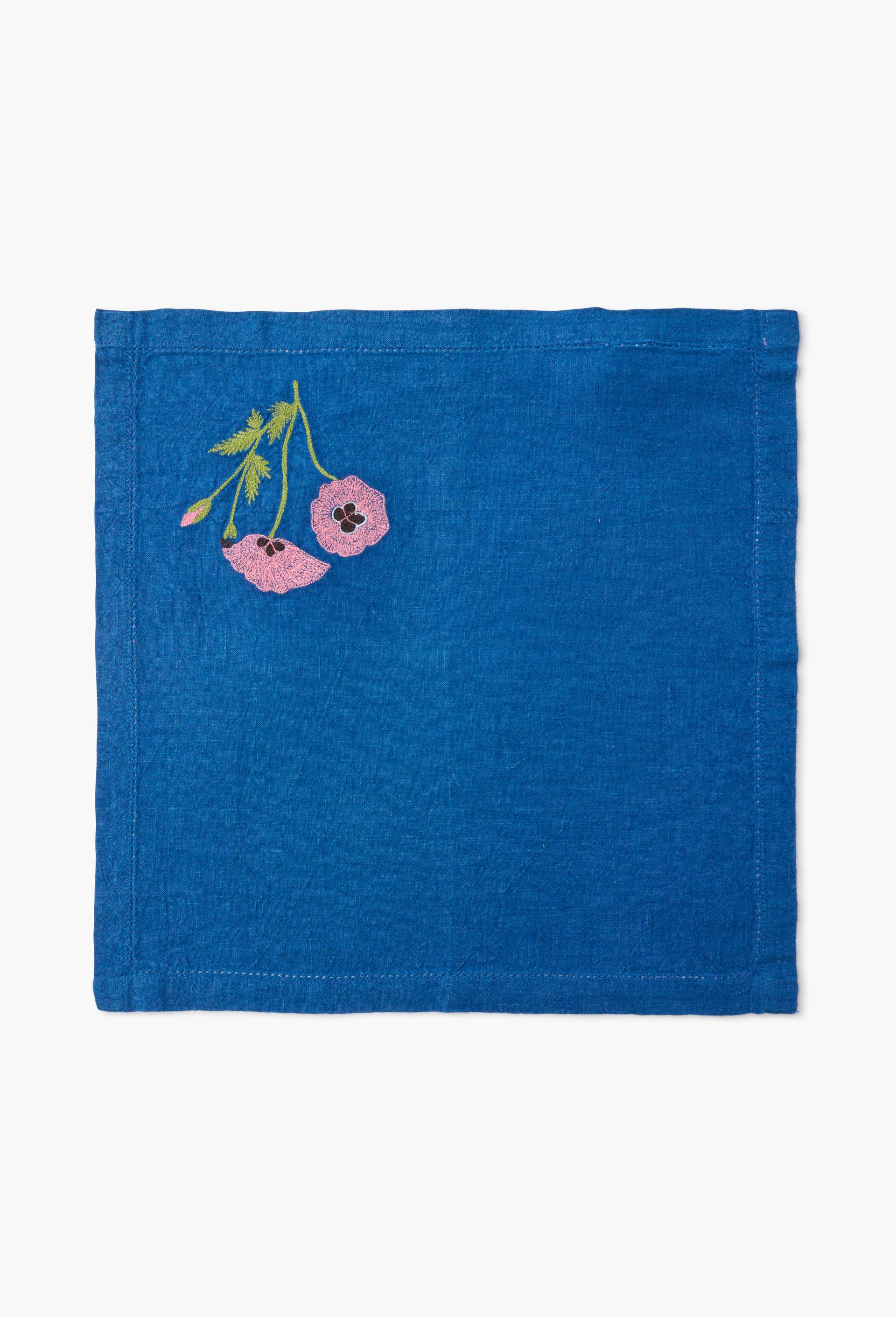 Lot de 2 serviettes bleues brod&eacute;es iris et pavot en lin - SARAH ESPEUTE x MONOPRIX, Bleu fonc&eacute;, large image number 1
