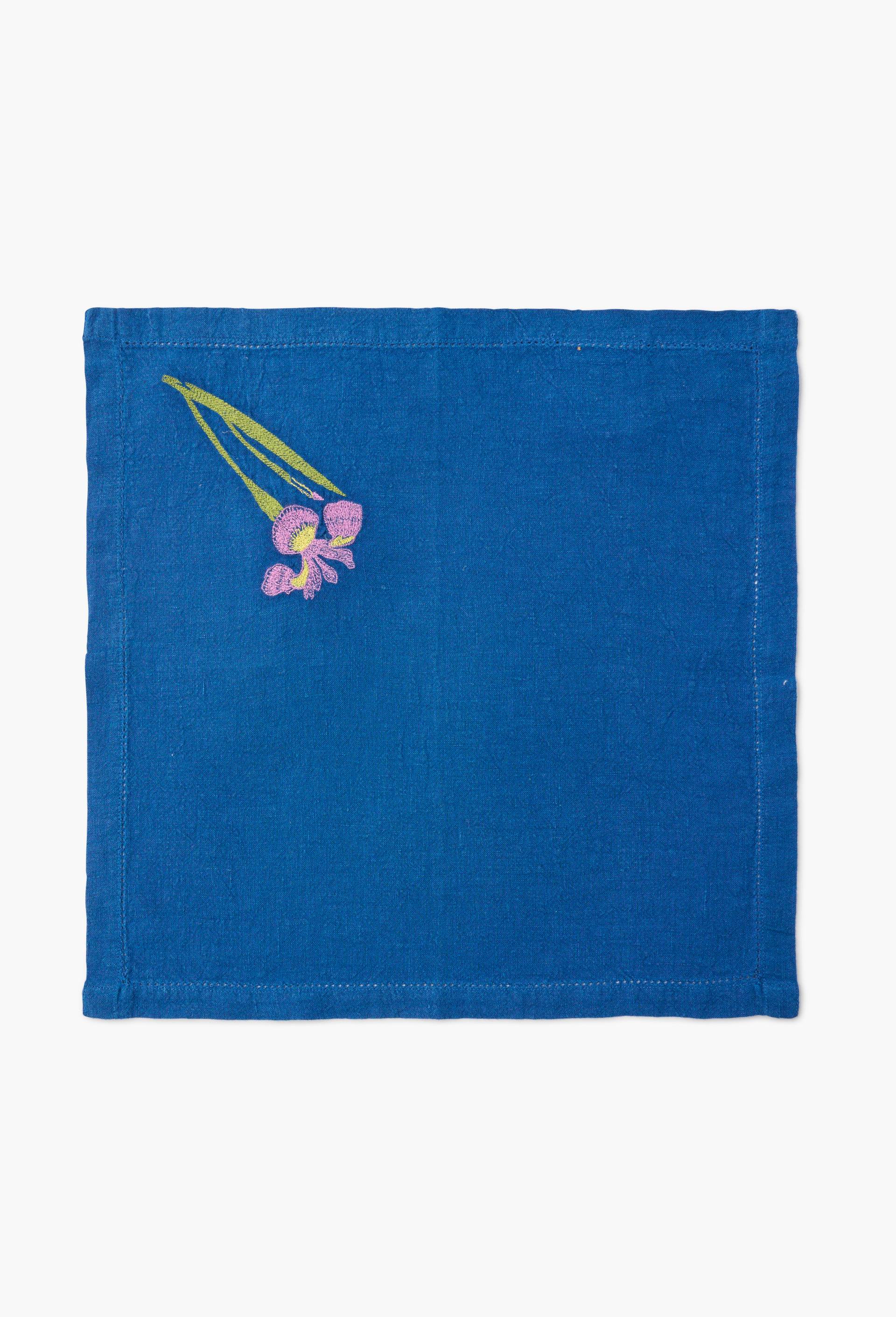 Lot de 2 serviettes bleues brod&eacute;es iris et pavot en lin - SARAH ESPEUTE x MONOPRIX, Bleu fonc&eacute;, large image number 2