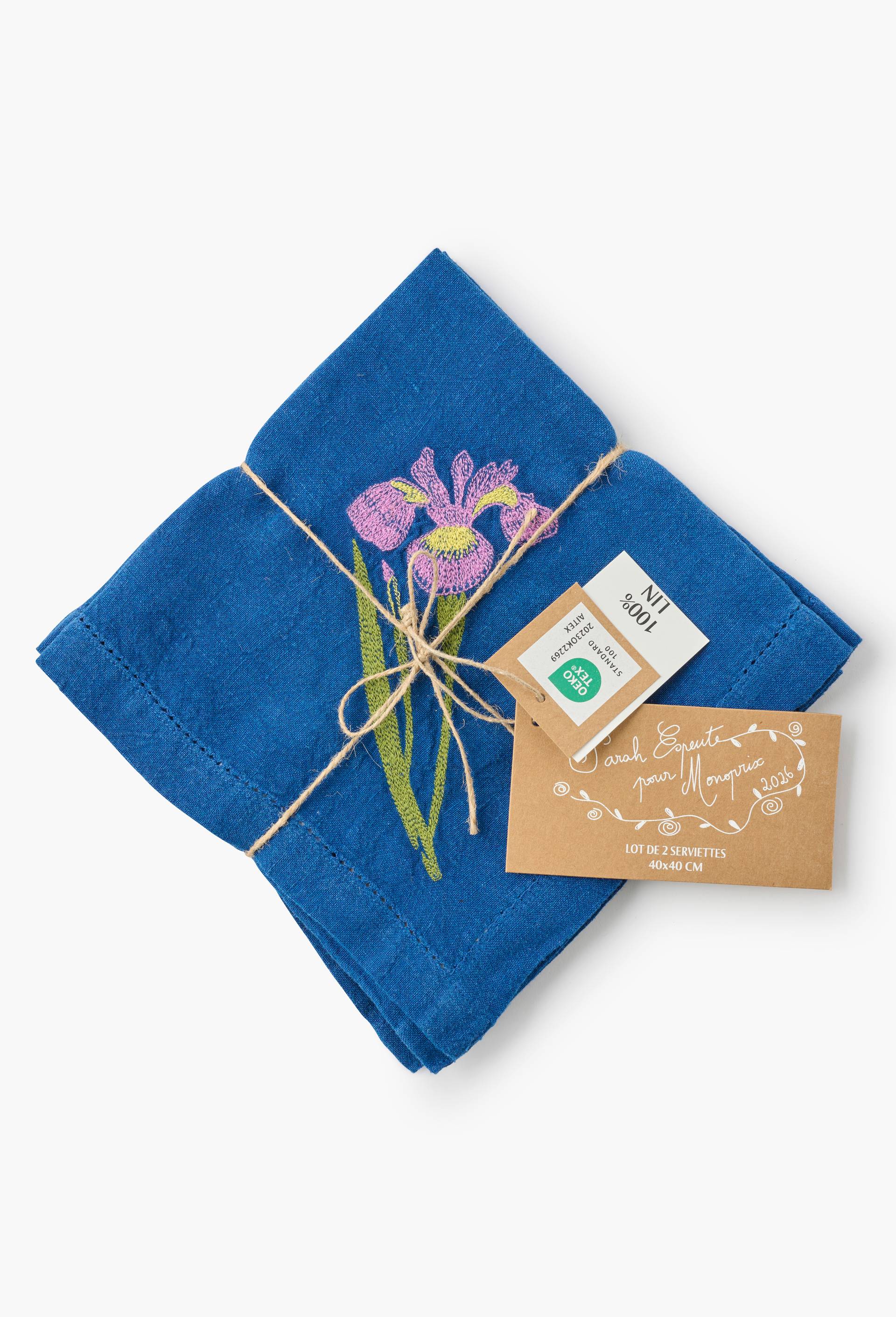 Lot de 2 serviettes bleues brod&eacute;es iris et pavot en lin - SARAH ESPEUTE x MONOPRIX, Bleu fonc&eacute;, large image number 3.0