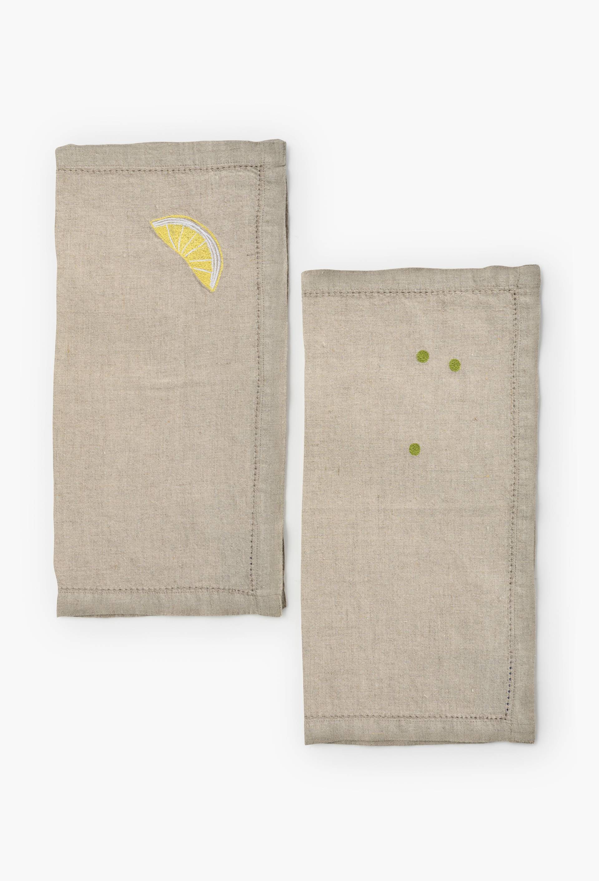 Lot de 2 serviettes &eacute;crues brod&eacute;es citron et pois en lin - SARAH ESPEUTE x MONOPRIX, Beige clair, large image number 0