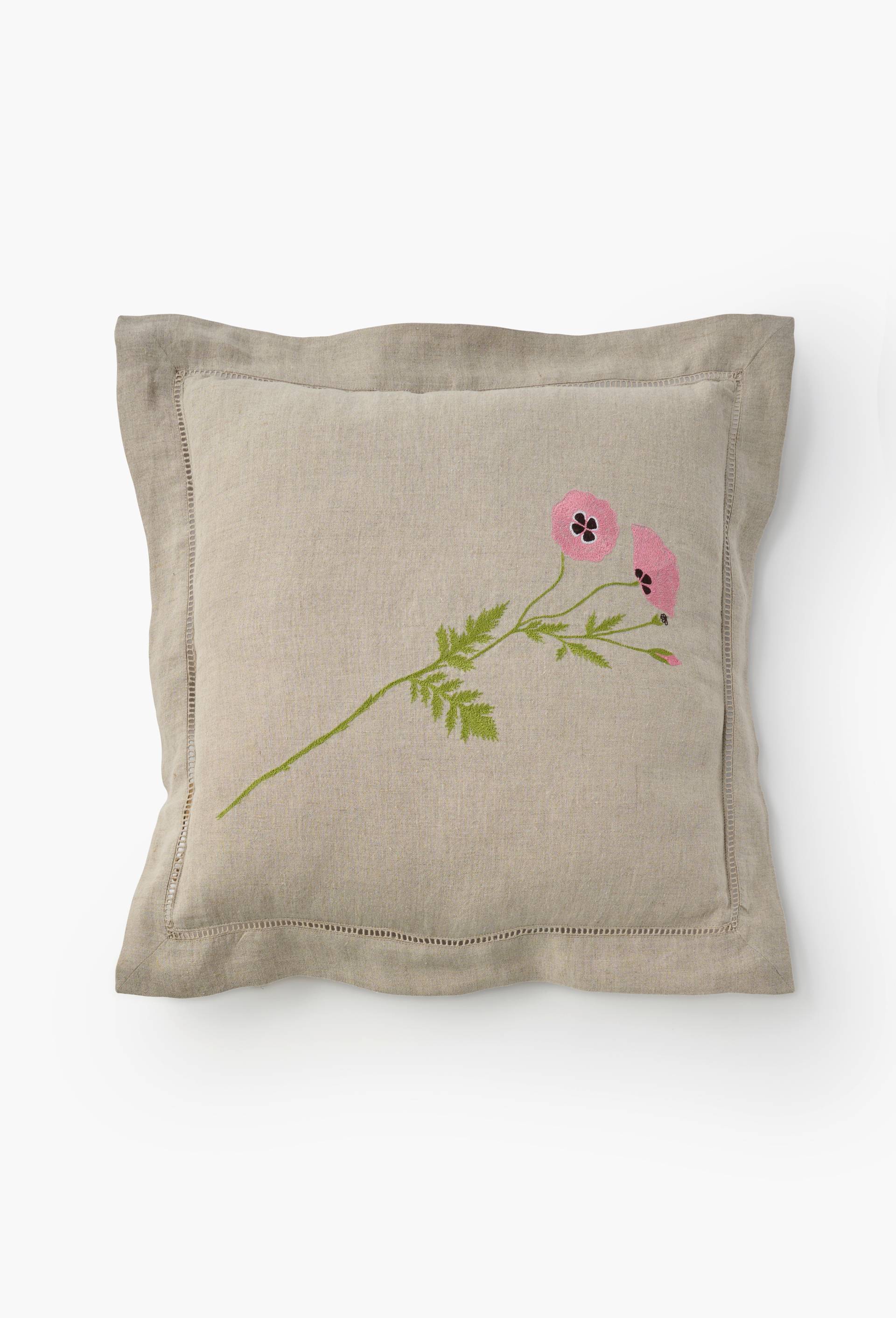 Coussin &agrave; broderies pavot en lin - SARAH ESPEUTE x MONOPRIX, Beige clair, large image number 1