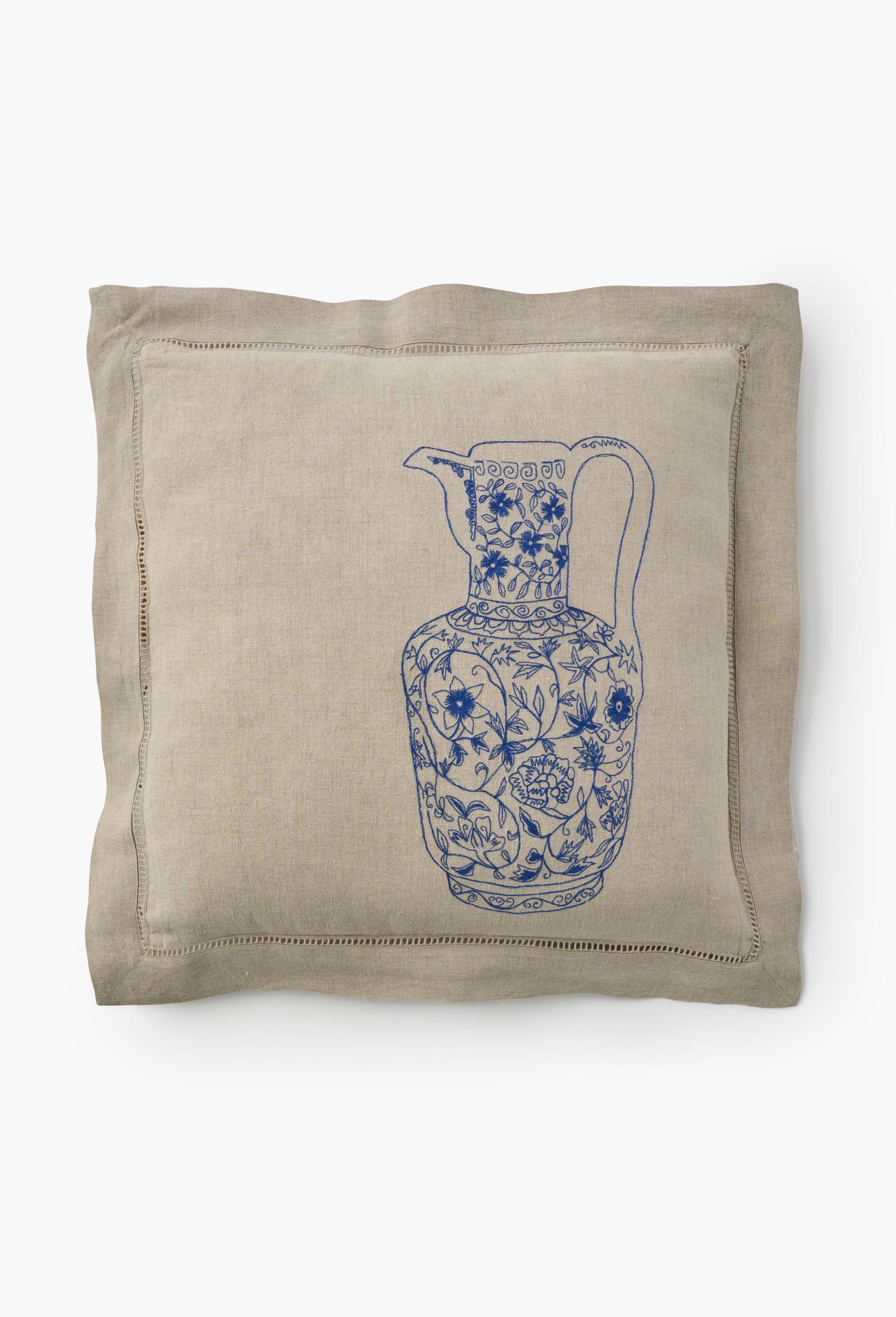 Coussin &agrave; broderies vase en lin - SARAH ESPEUTE x MONOPRIX, Beige clair, large image number 1.0