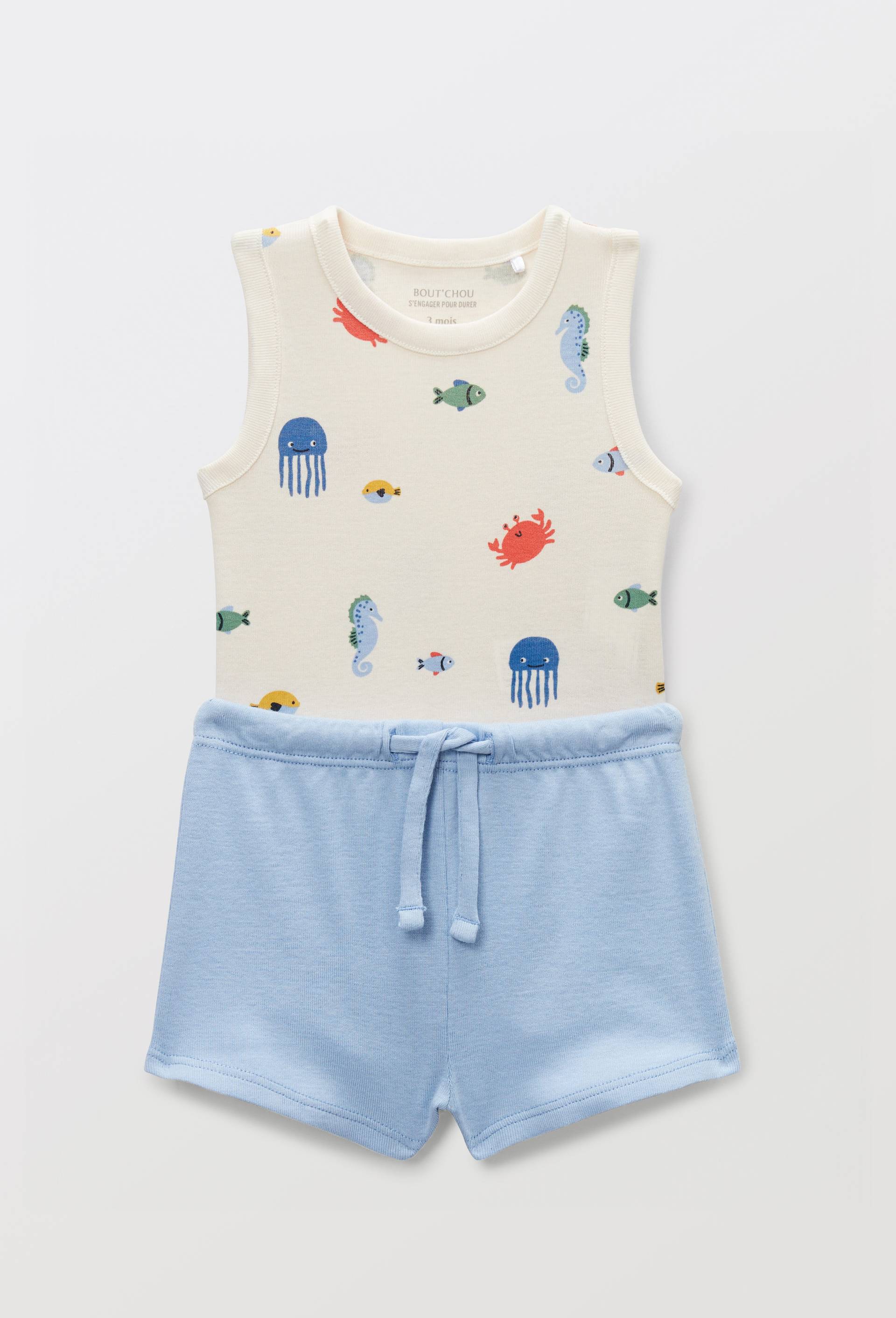 Ensemble body imprim&eacute; et short uni en coton BIO GOTS, Beige clair, large image number 0