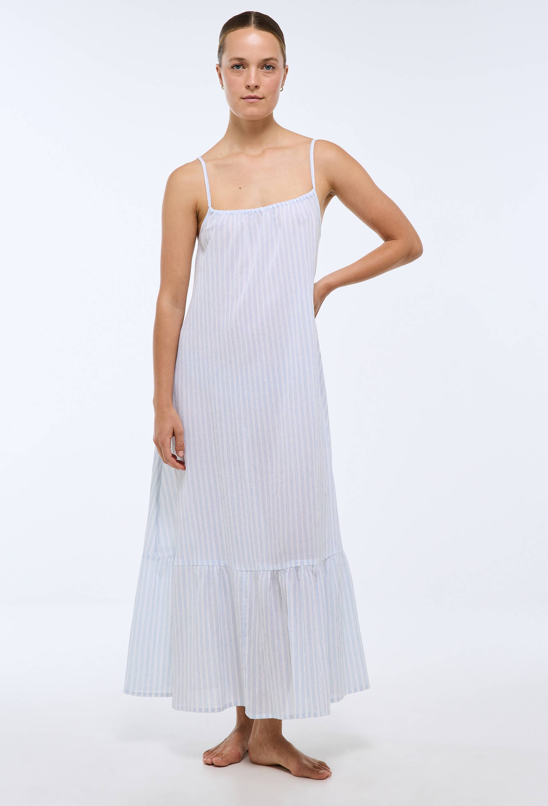 Chemise de nuit longue fines bretelles ray&eacute;e en coton BIO GOTS, Bleu, large image number 0