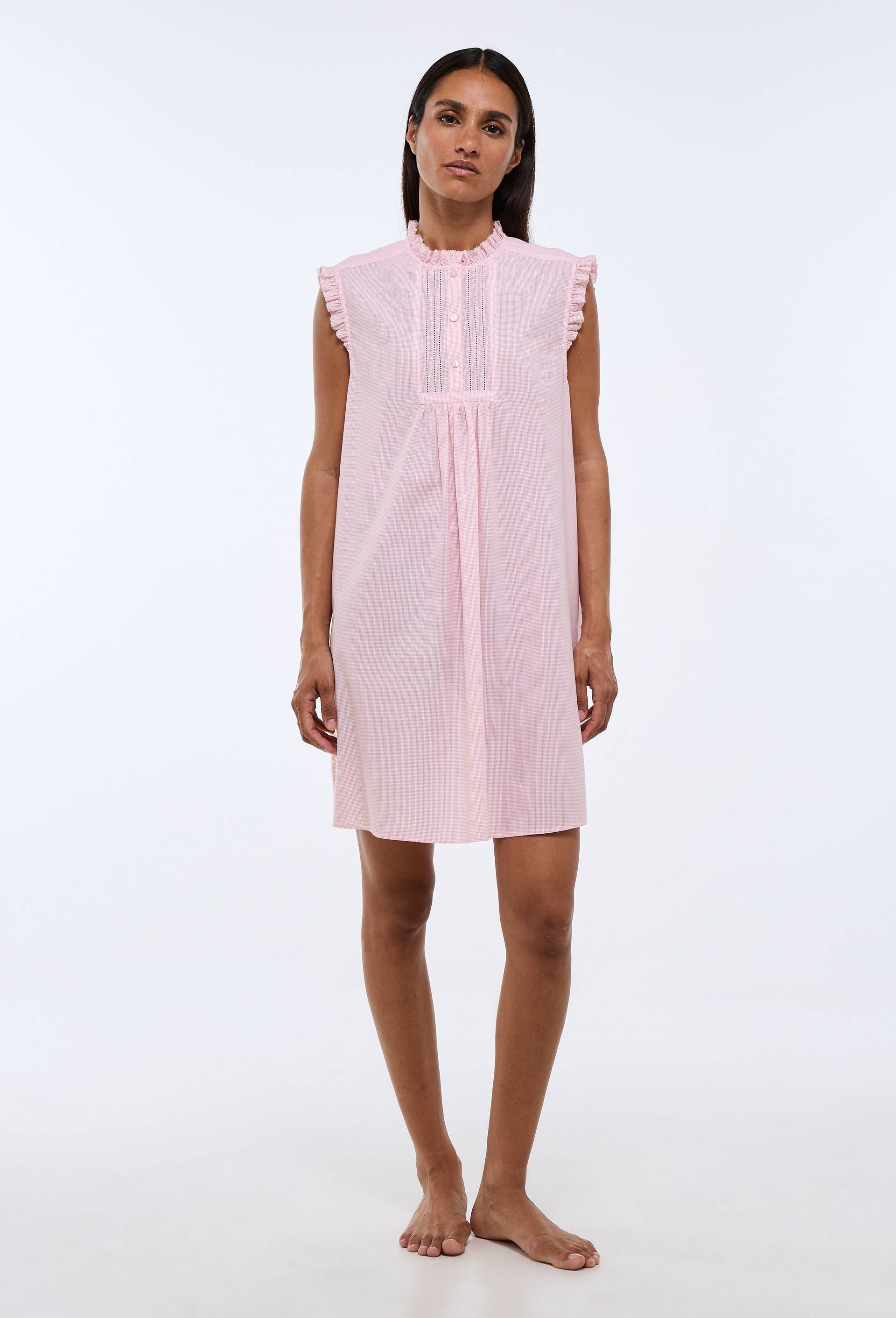 Chemise de nuit vichy sans manches avec d&eacute;tail plastron en coton BIO GOTS, Blanc, large image number 0