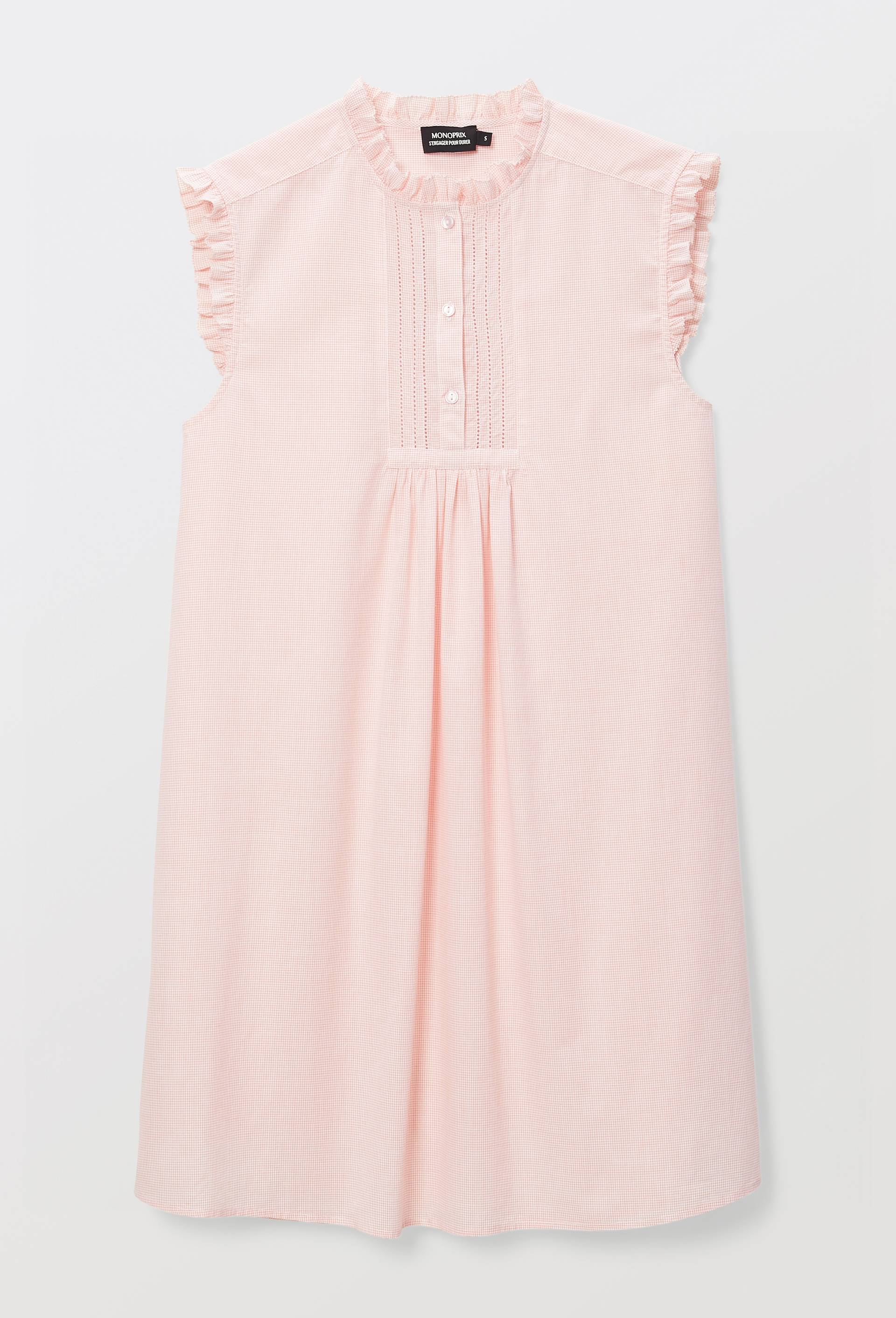 Chemise de nuit vichy sans manches avec d&eacute;tail plastron en coton BIO GOTS, Blanc, large image number 2