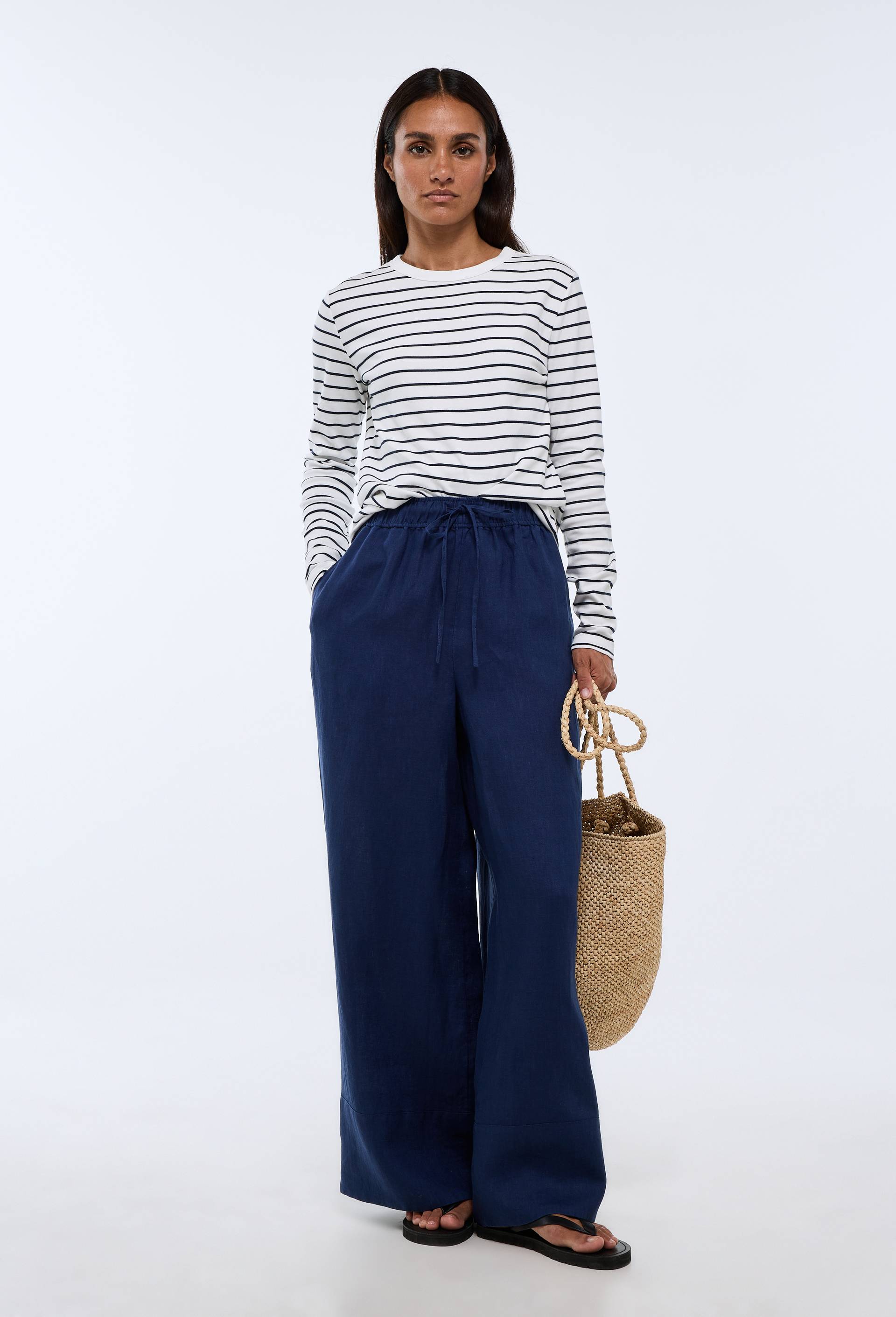 Pantalon large &agrave; taille &eacute;lastiqu&eacute;e en lin, Bleu fonc&eacute;, large image number 0