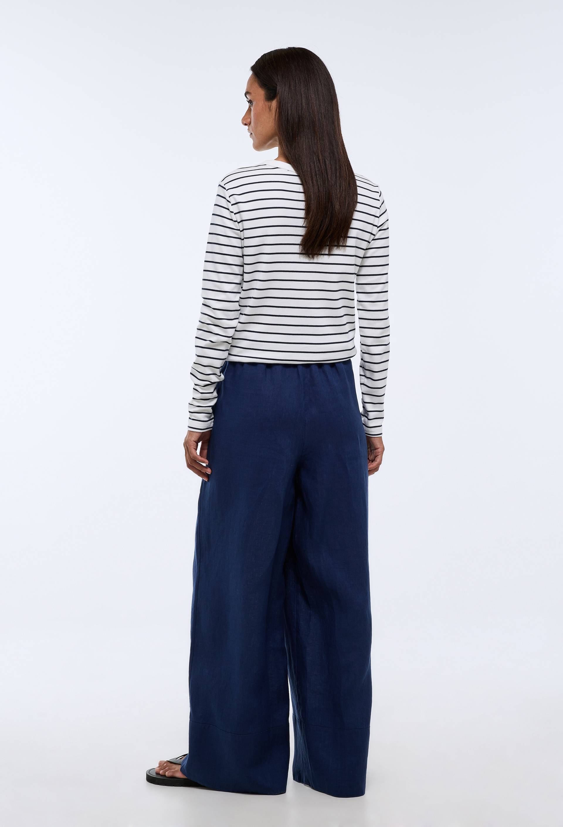 Pantalon large &agrave; taille &eacute;lastiqu&eacute;e en lin, Bleu fonc&eacute;, large image number 1