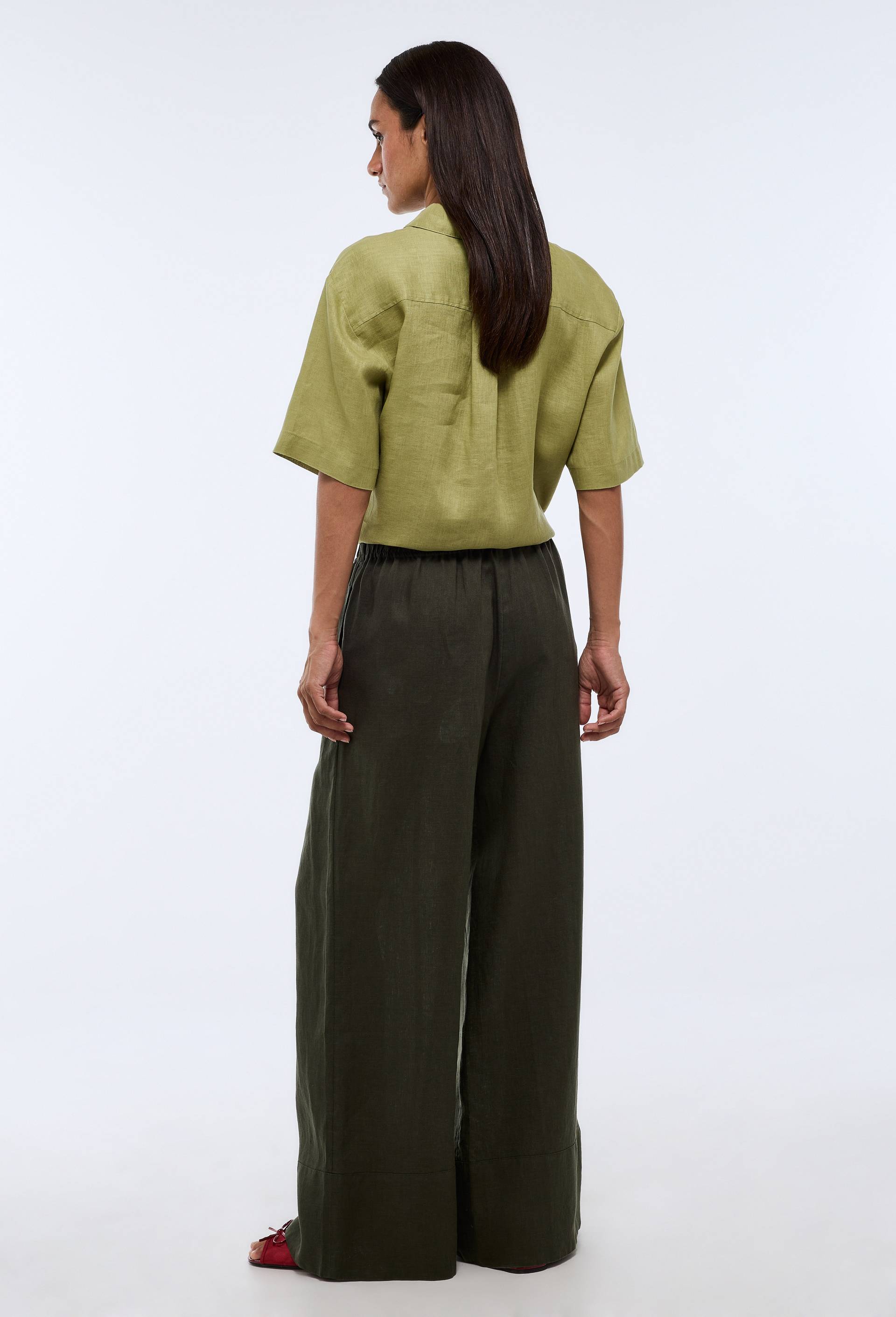 Pantalon large &agrave; taille &eacute;lastiqu&eacute;e en lin, Vert fonc&eacute;, large image number 1.0