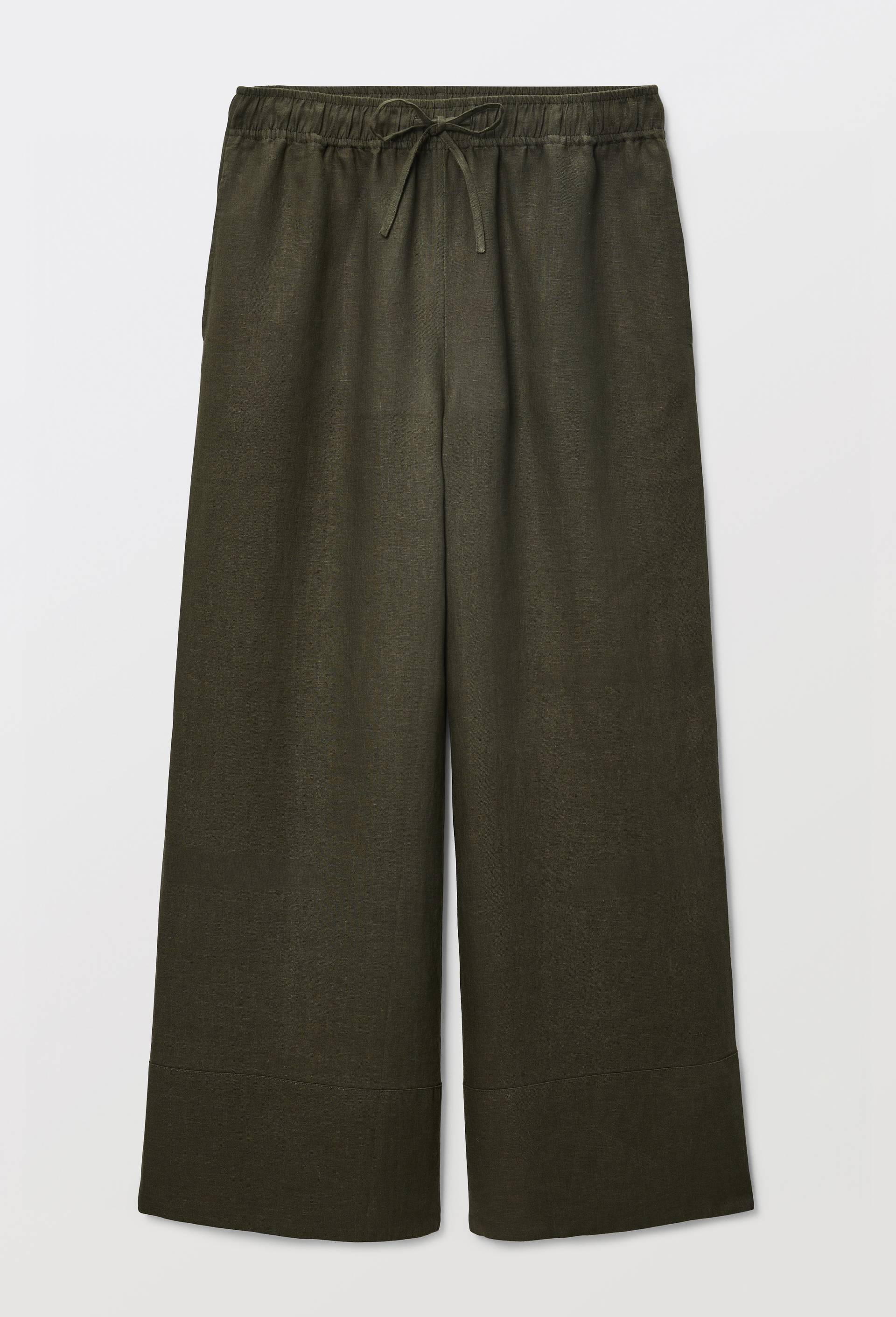 Pantalon large &agrave; taille &eacute;lastiqu&eacute;e en lin, Vert fonc&eacute;, large image number 2.0