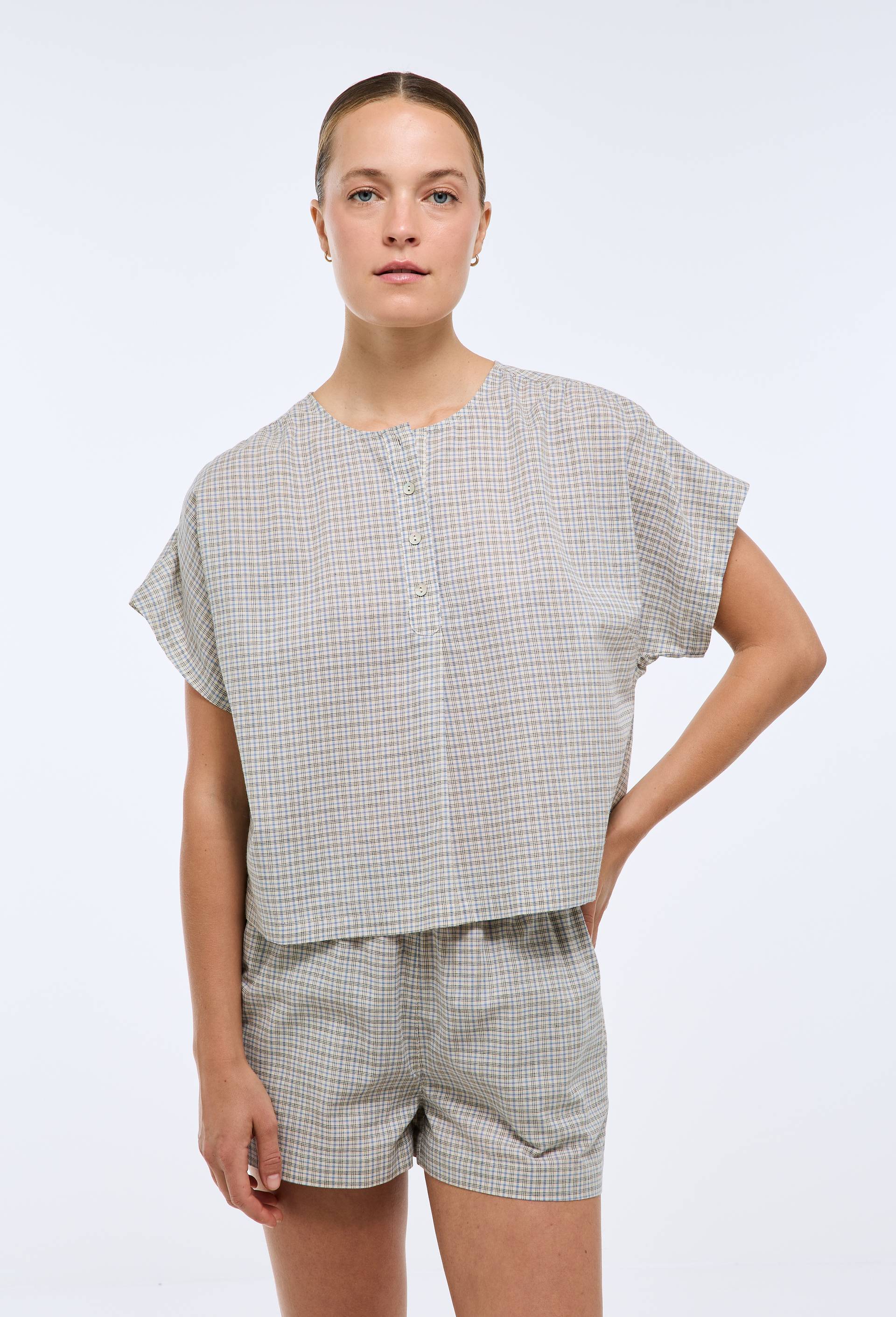 Pyjashort &agrave; carreaux en coton, Bleu, large image number 0