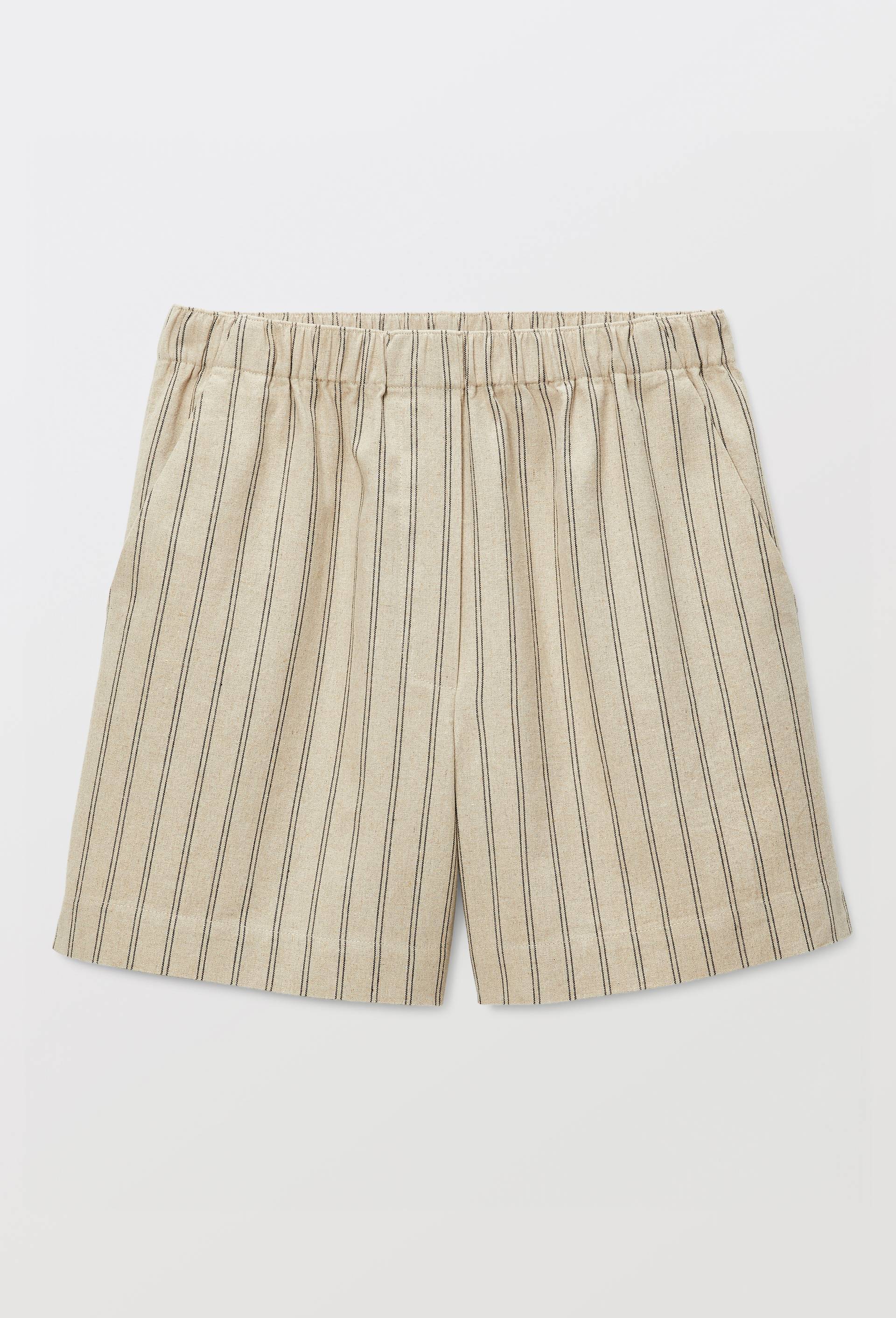 Short ray&eacute; &eacute;lastiqu&eacute; en lin et coton, Beige clair, large image number 2