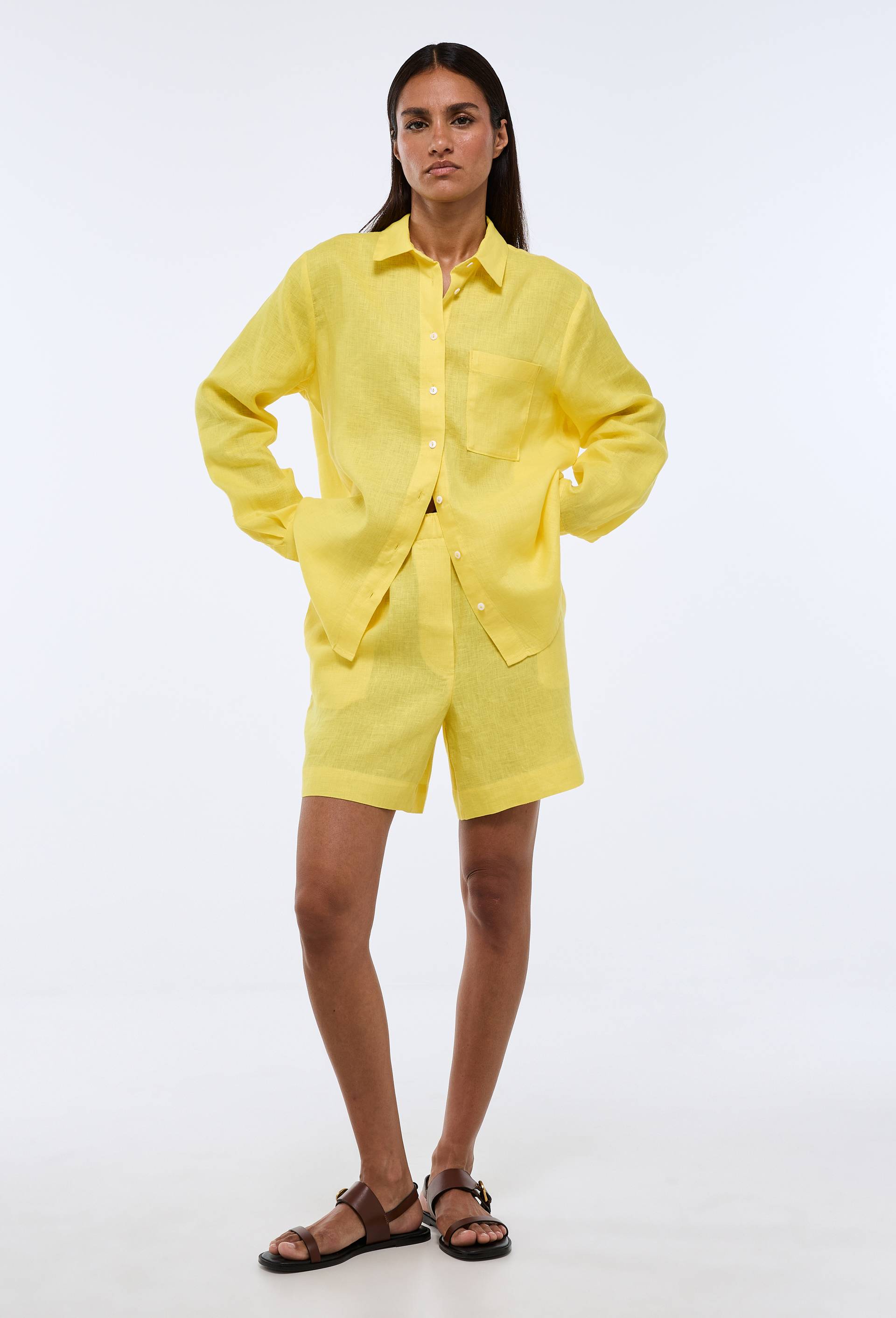 Short en lin, Jaune, large image number 0