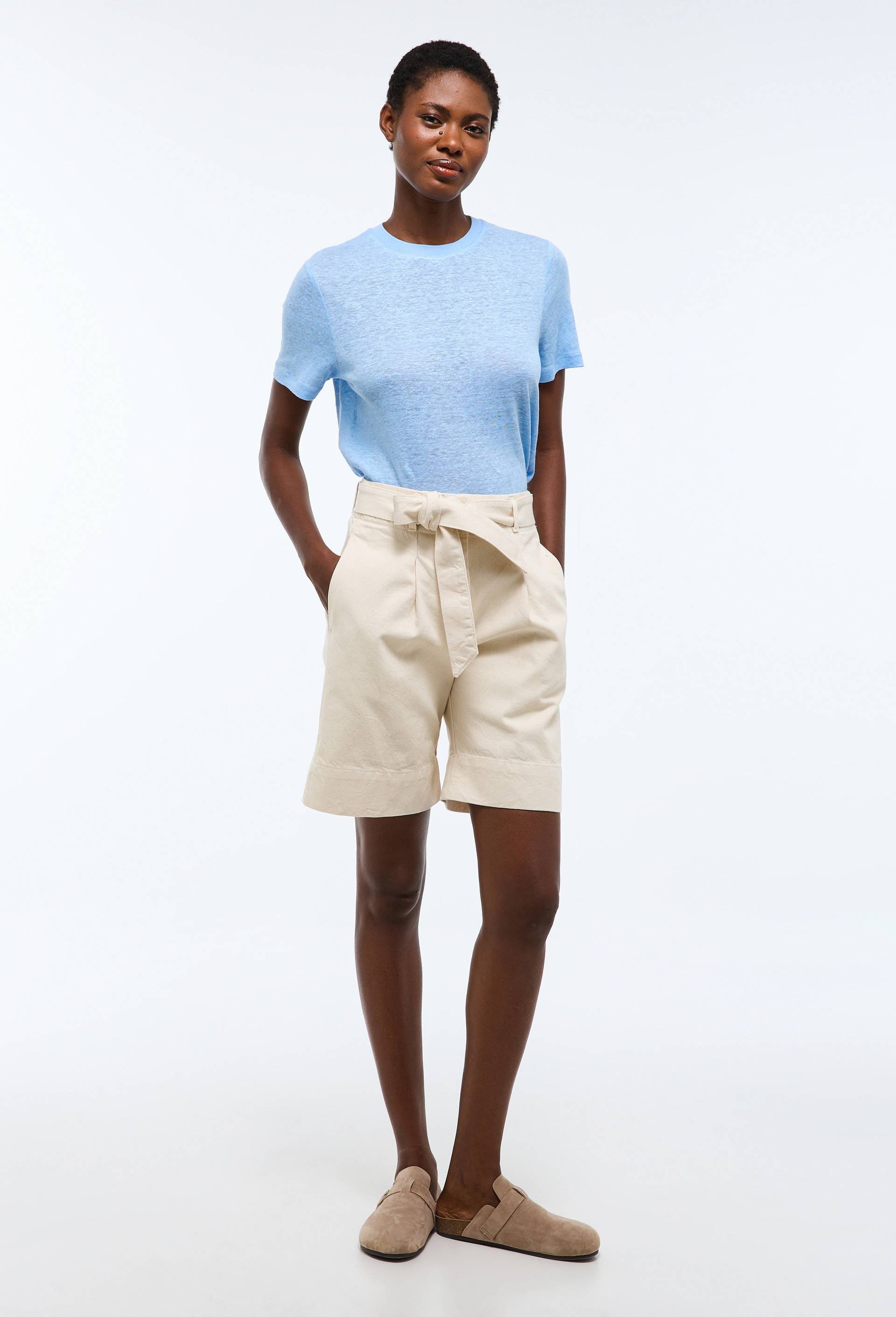 Bermuda ceintur&eacute; en denim, Ecru, large image number 0.0