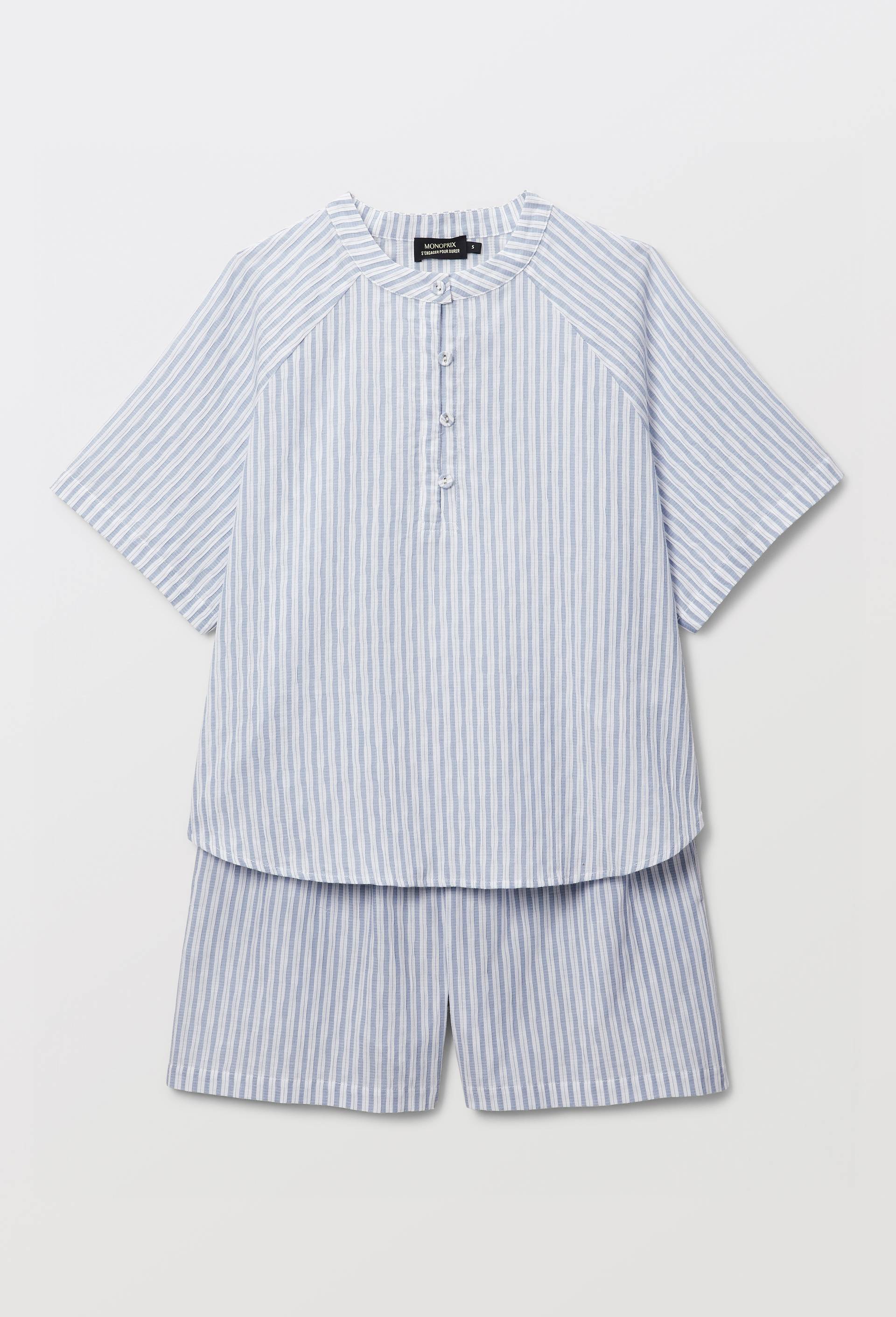 Pyjashort ray&eacute; en coton, Bleu, large image number 2