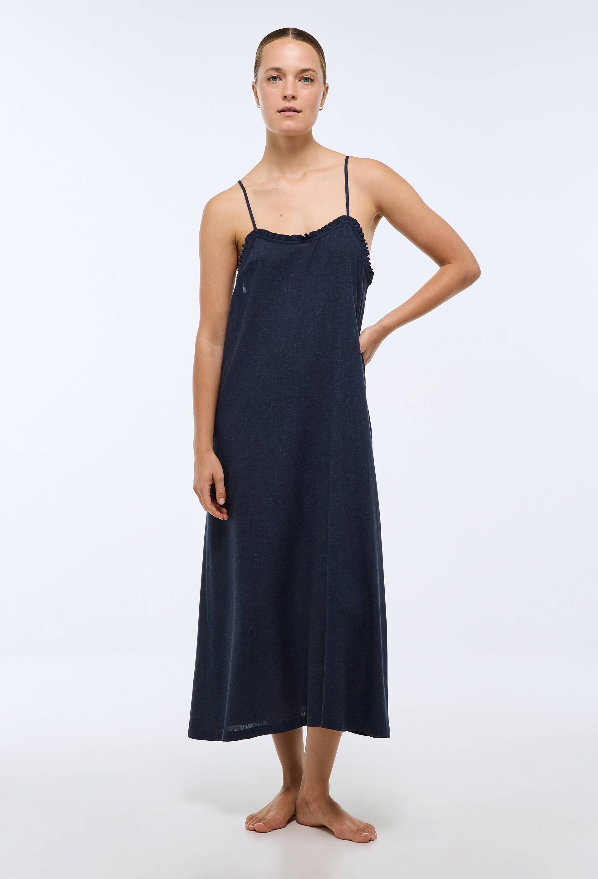 Chemise de nuit en viscose et lin, Bleu fonc&eacute;, large image number 0.0