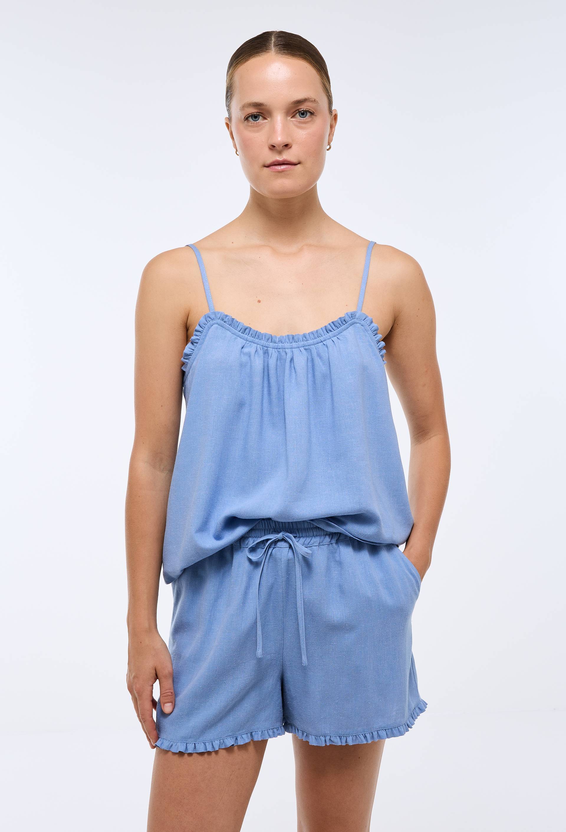 Pyjashort uni en viscose lin, Bleu, large image number 0.0
