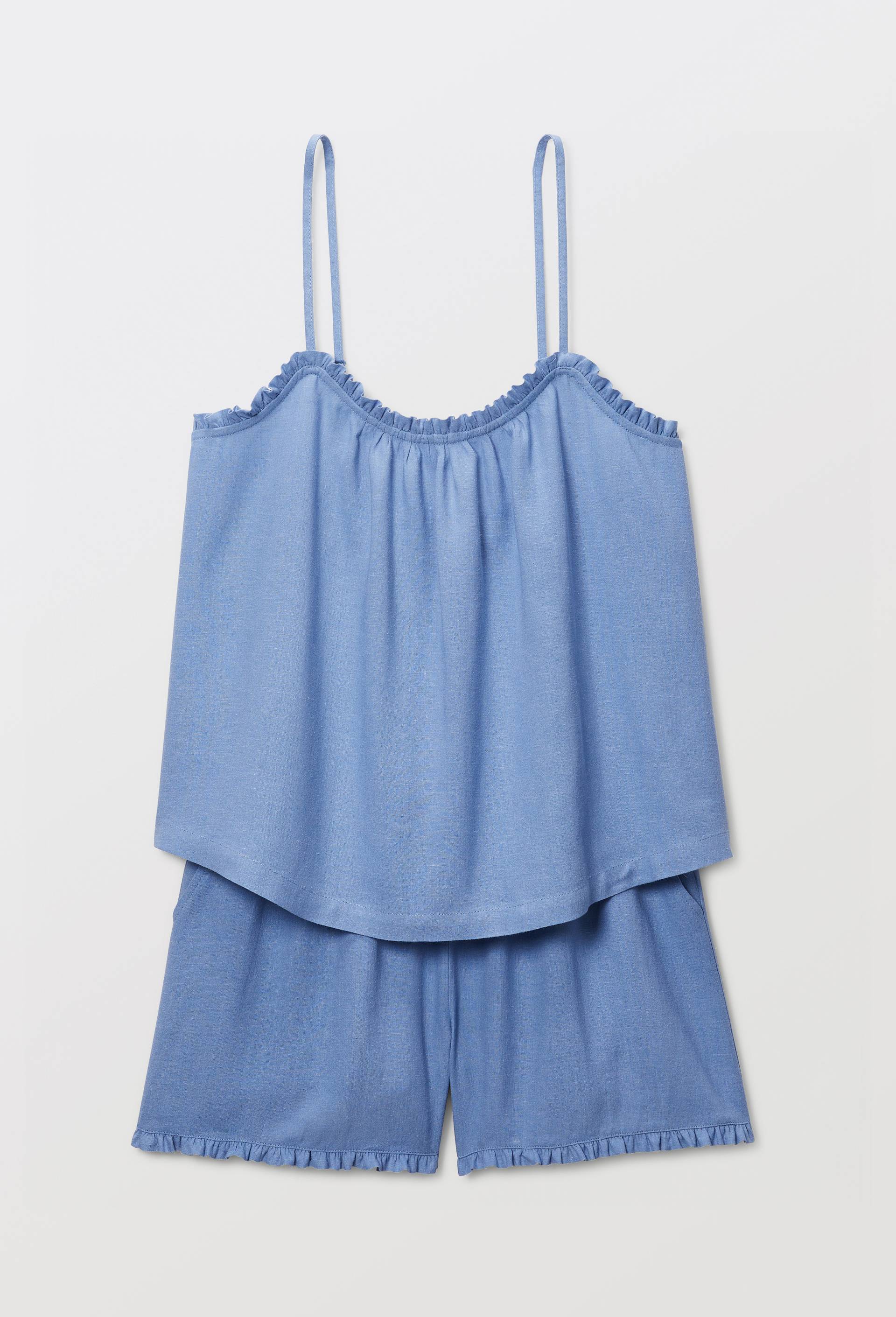 Pyjashort uni en viscose lin, Bleu, large image number 2